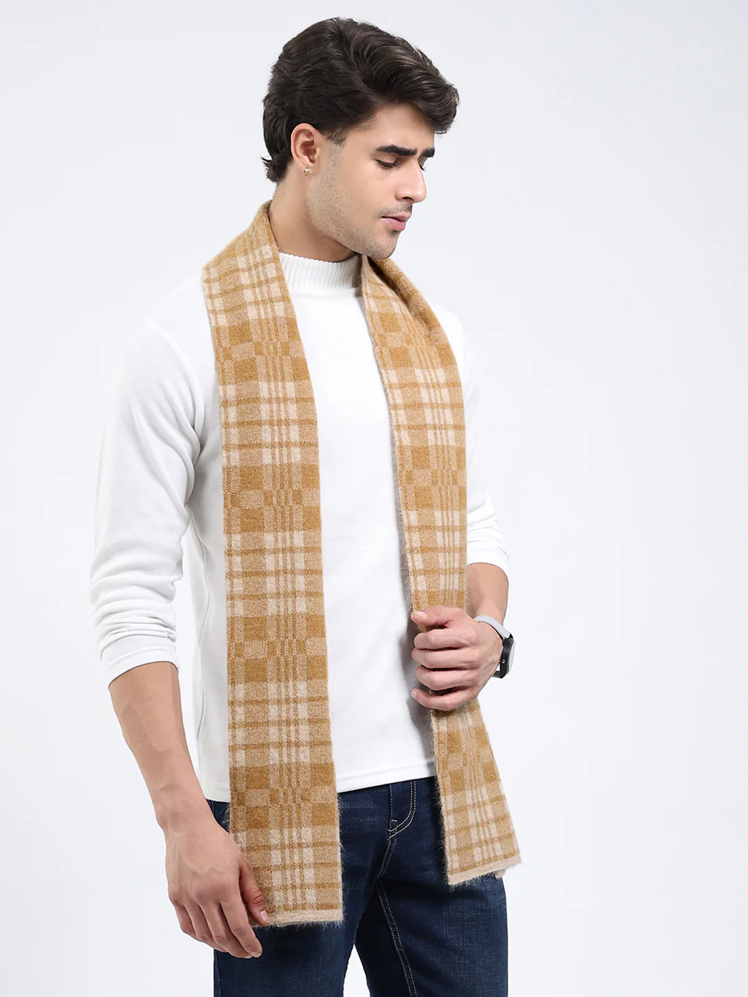 Men Khaki Self Design Angoora Muffler - Image 4