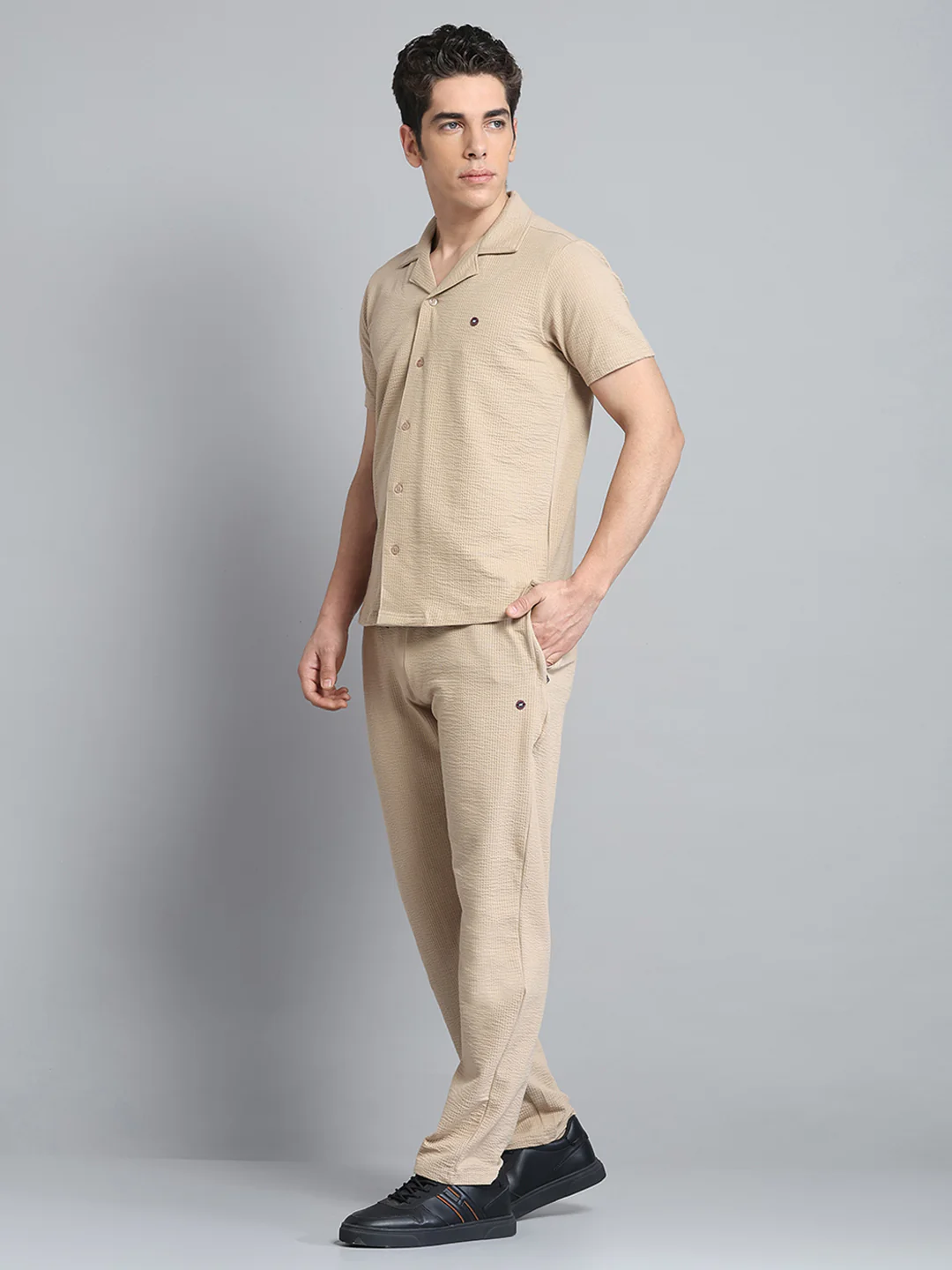 Men Khaki Self Design Collar Half Sleeve Lower Set - Image 3