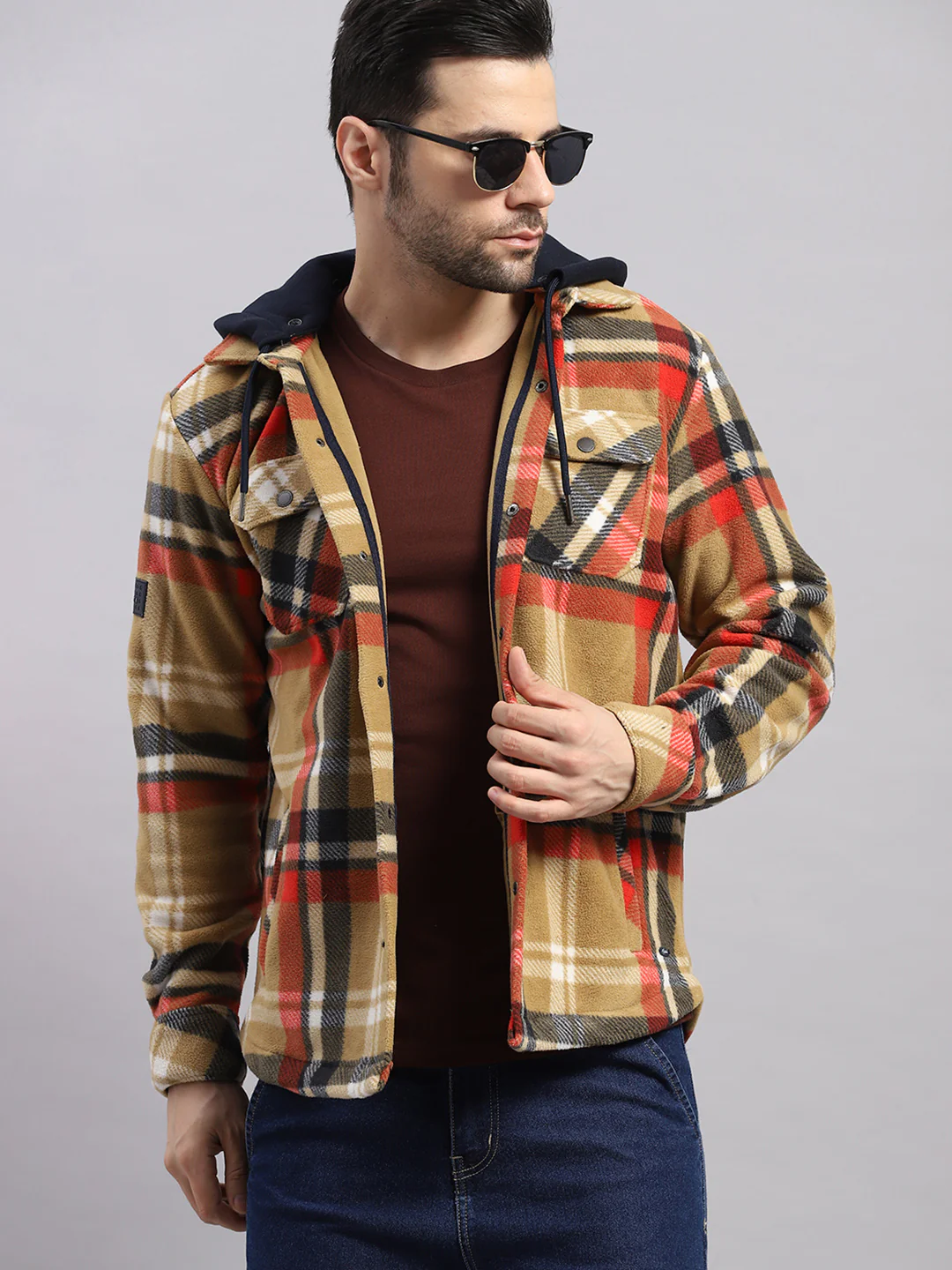 Men Khaki Self Design Hooded Extra-Warm Full Sleeve Shacket - Image 7