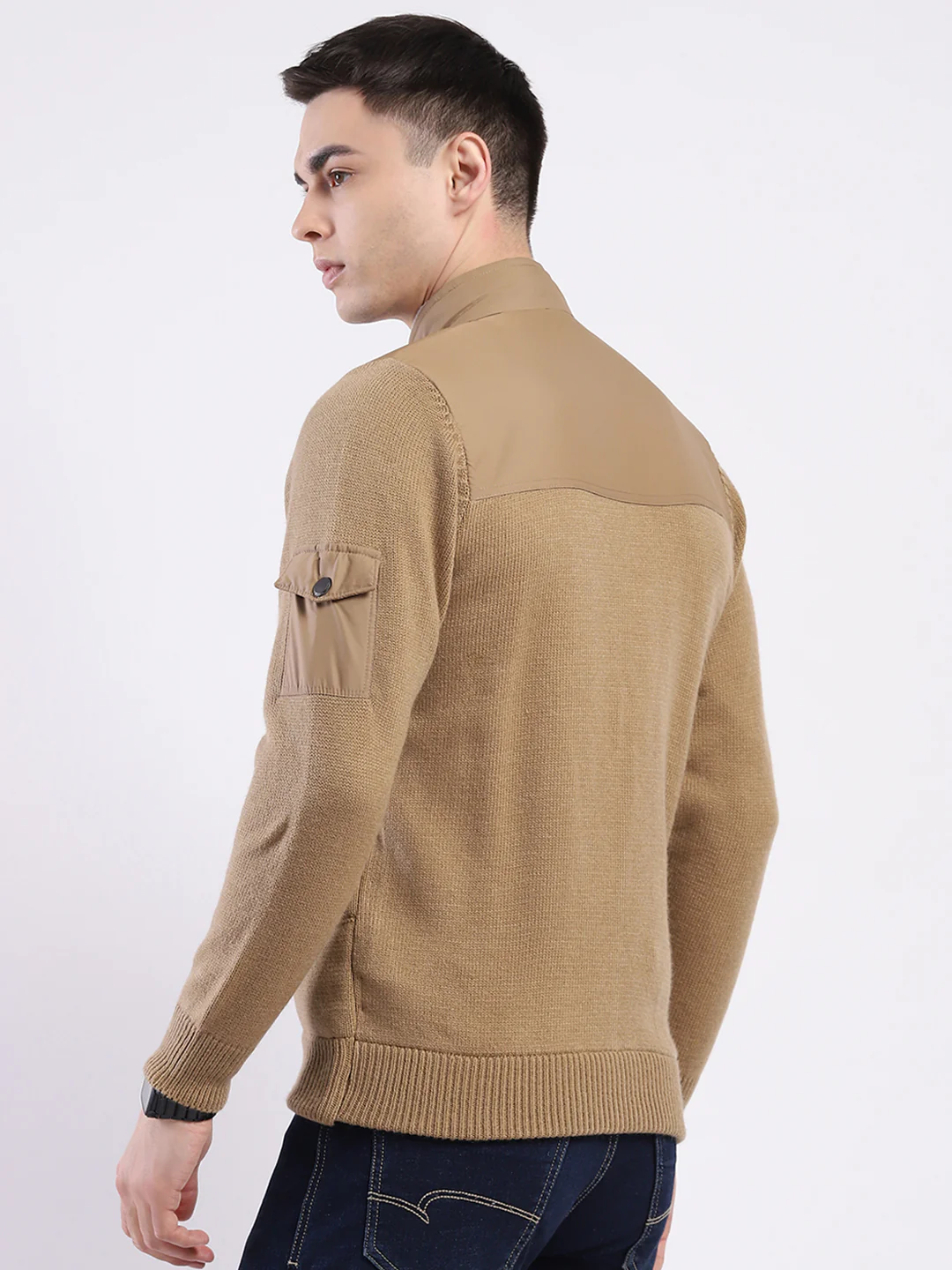 Men Khaki Self Design Mock Neck Full Sleeve Jacket - Image 5
