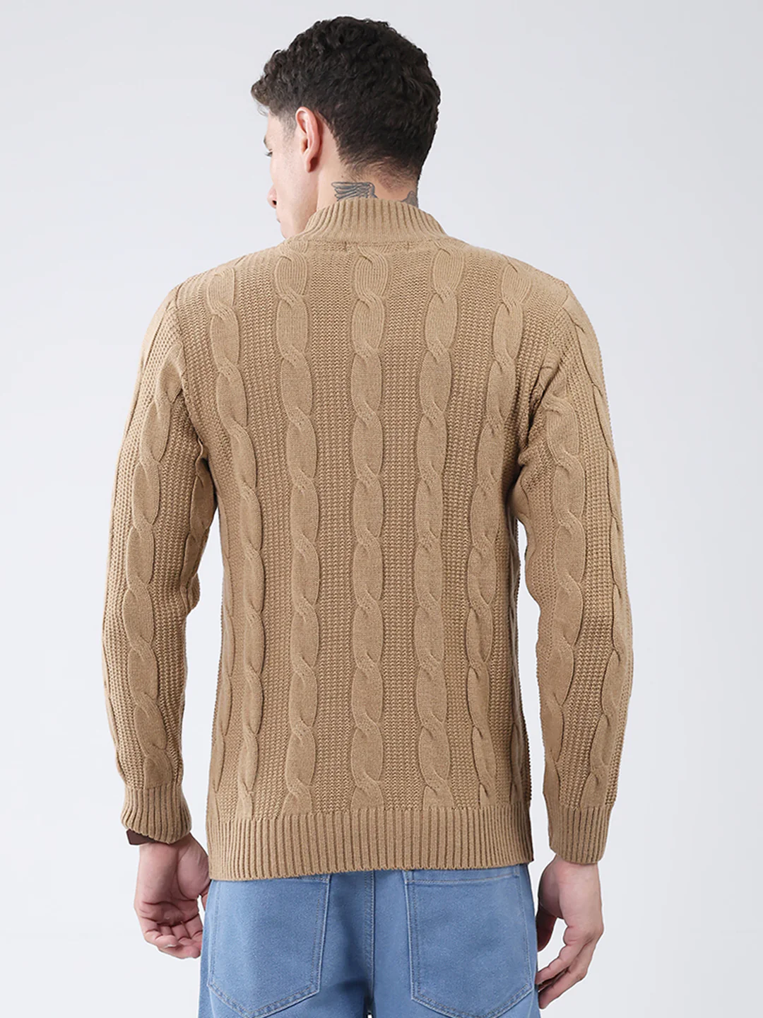 Men Khaki Self Design Turtle Neck Full Sleeve Pullover - Image 5