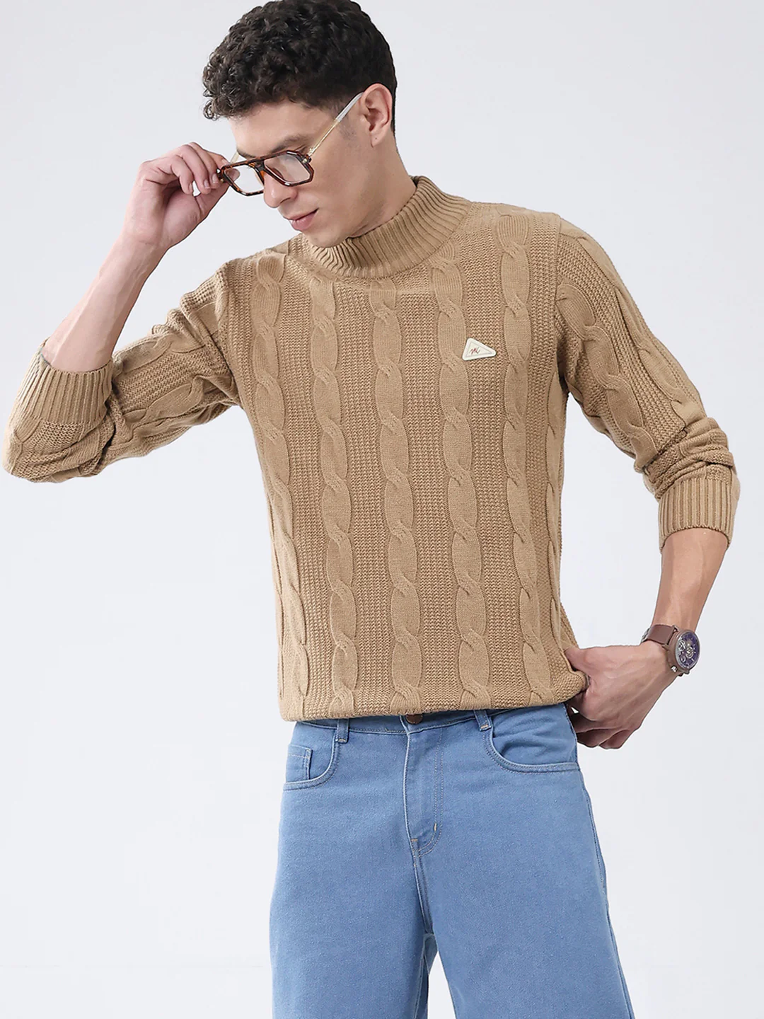 Men Khaki Self Design Turtle Neck Full Sleeve Pullover - Image 6