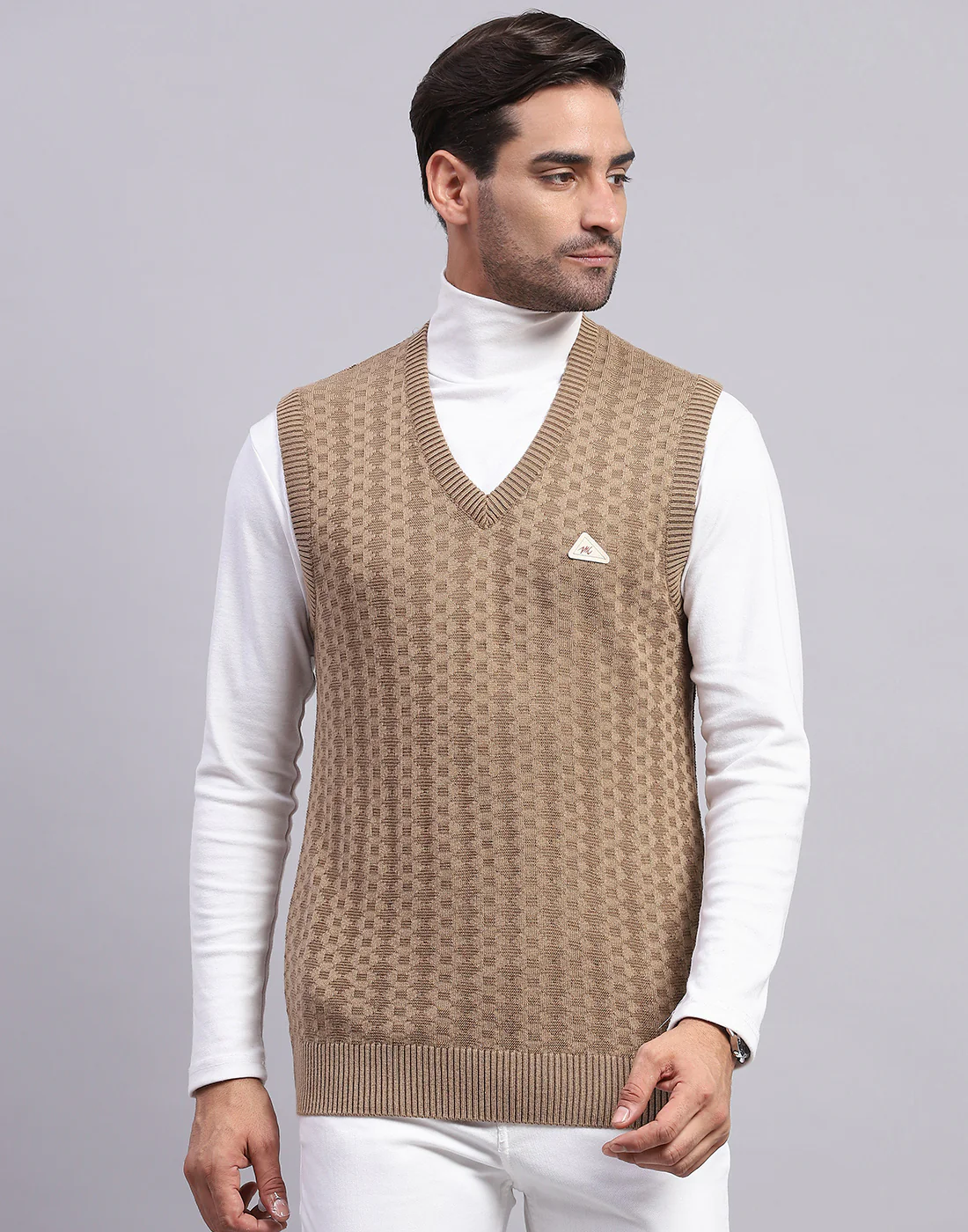 Men Khaki Self Design V Neck Sleeveless Sweater - Image 2