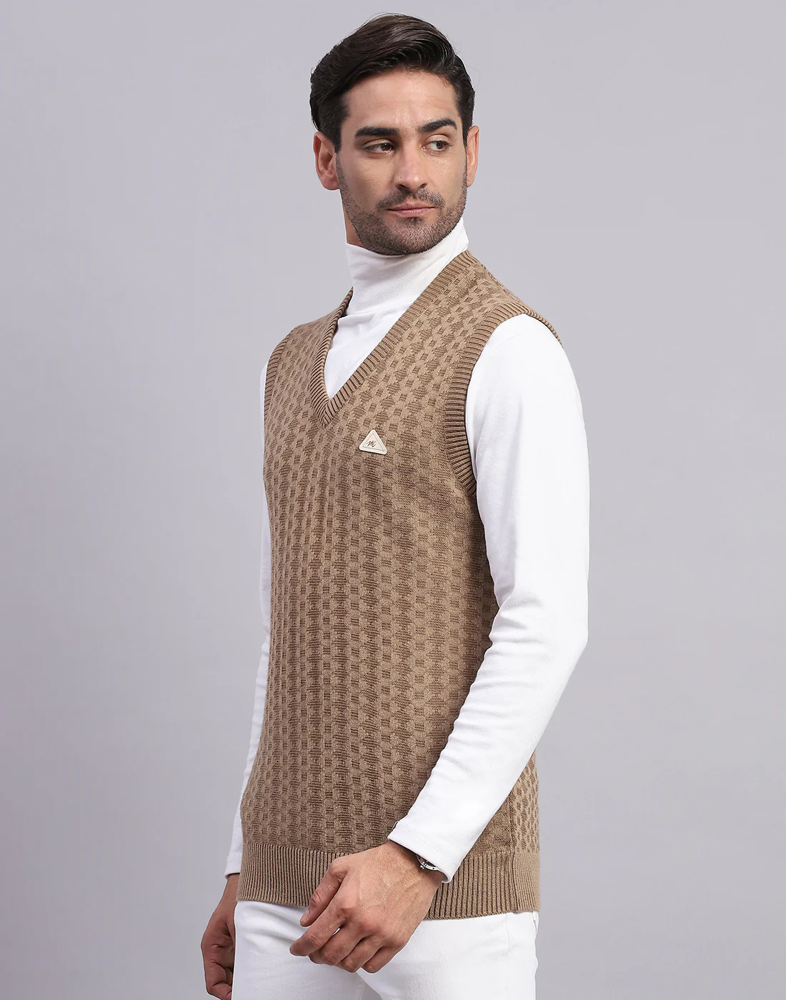 Men Khaki Self Design V Neck Sleeveless Sweater - Image 3