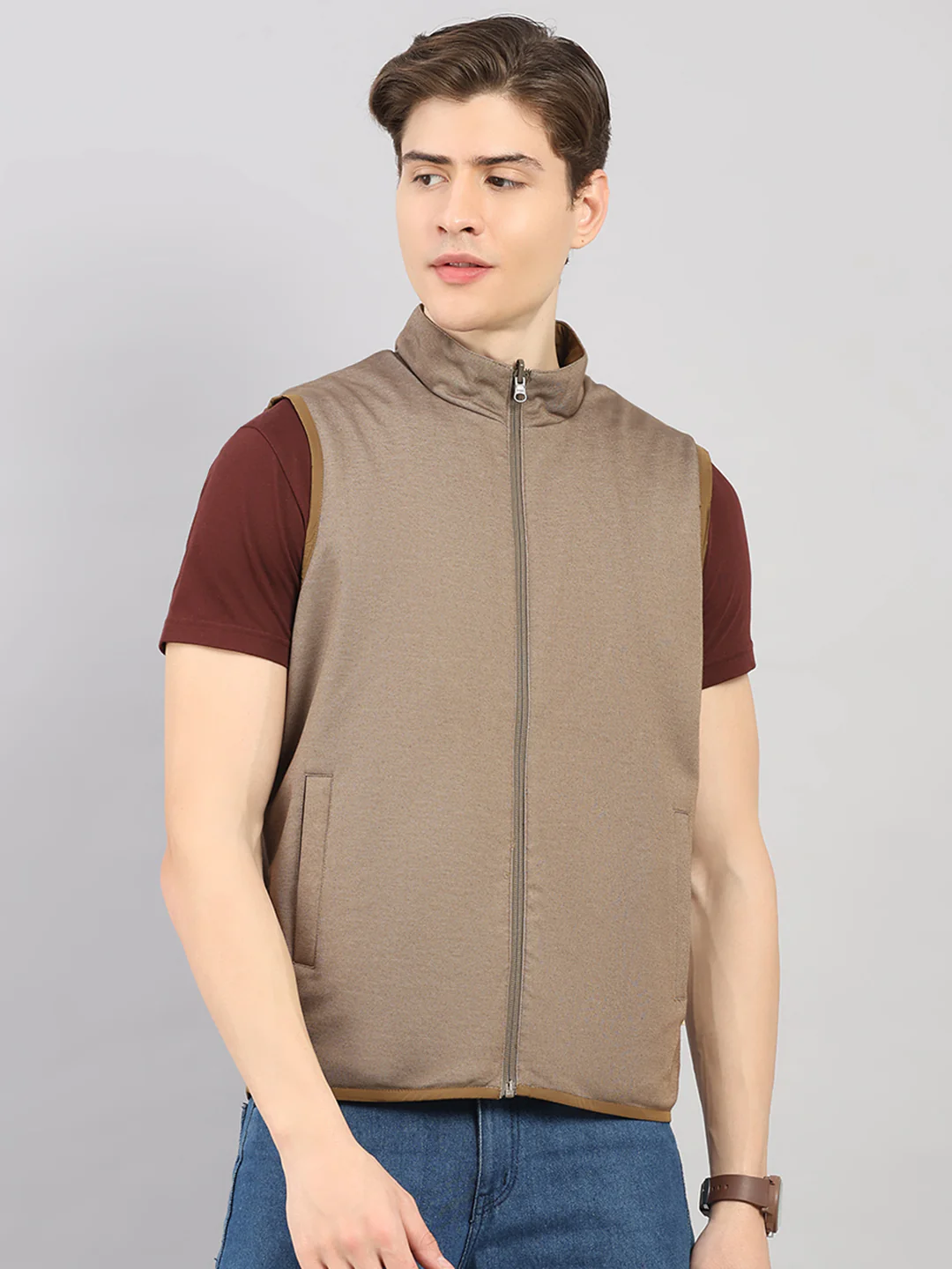 Men Khaki Solid 4 in 1 Convertible Hooded Jacket Wear It 4 Ways - Image 10