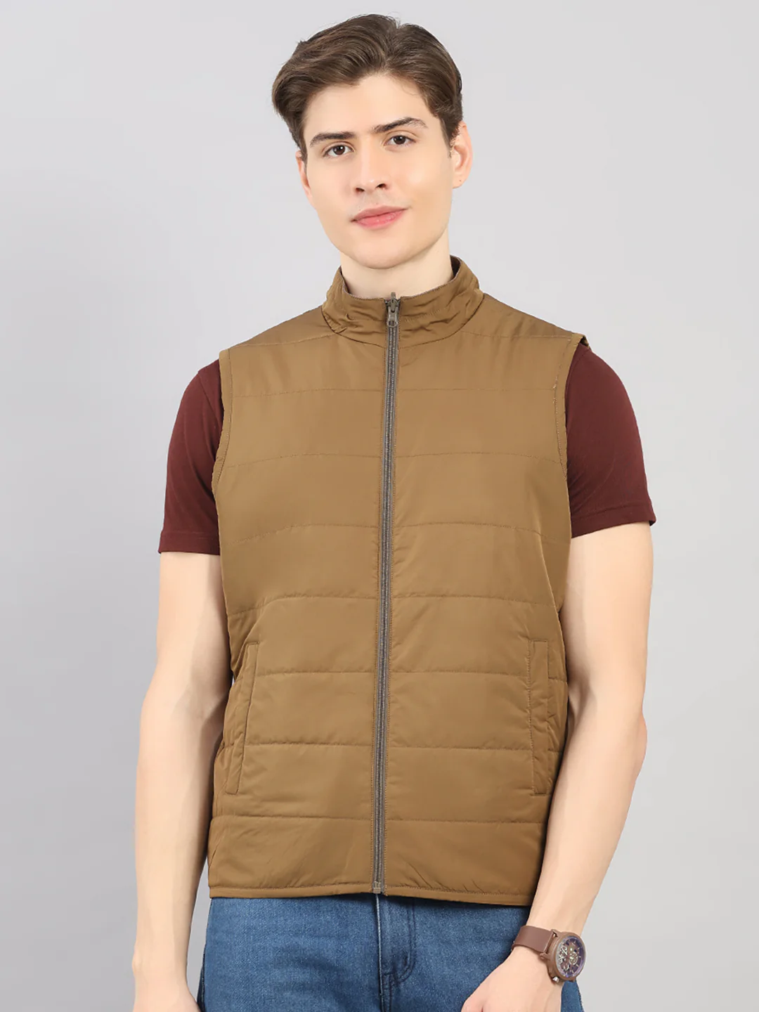 Men Khaki Solid 4 in 1 Convertible Hooded Jacket Wear It 4 Ways - Image 7