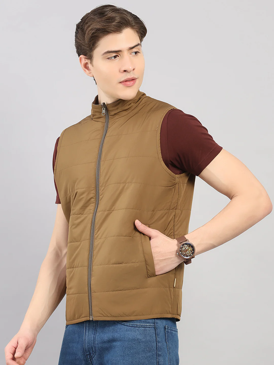 Men Khaki Solid 4 in 1 Convertible Hooded Jacket Wear It 4 Ways - Image 8
