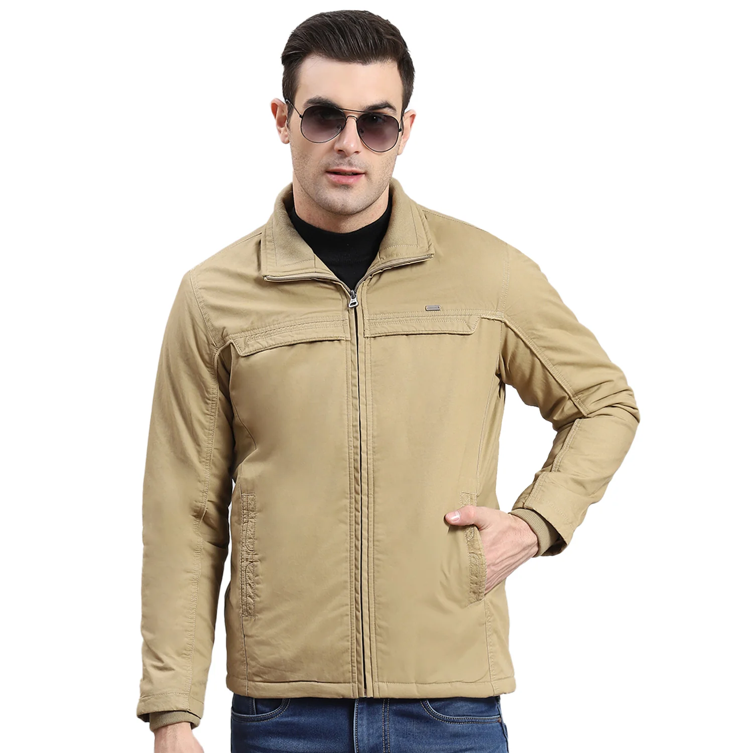 Men Khaki Solid Collar Full Sleeve Jacket - Image 5