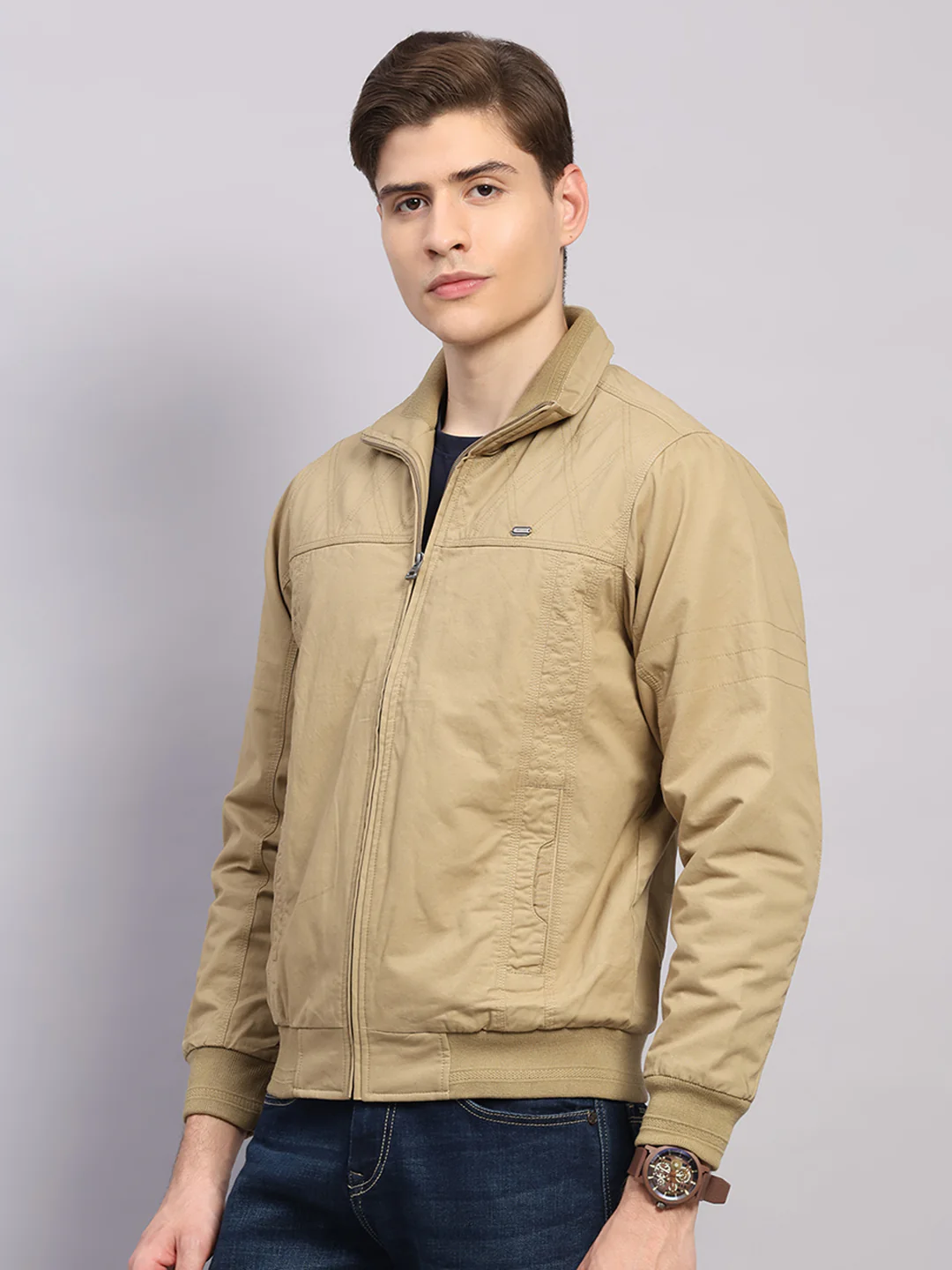 Men Khaki Solid Collar Full Sleeve Jacket - Image 3