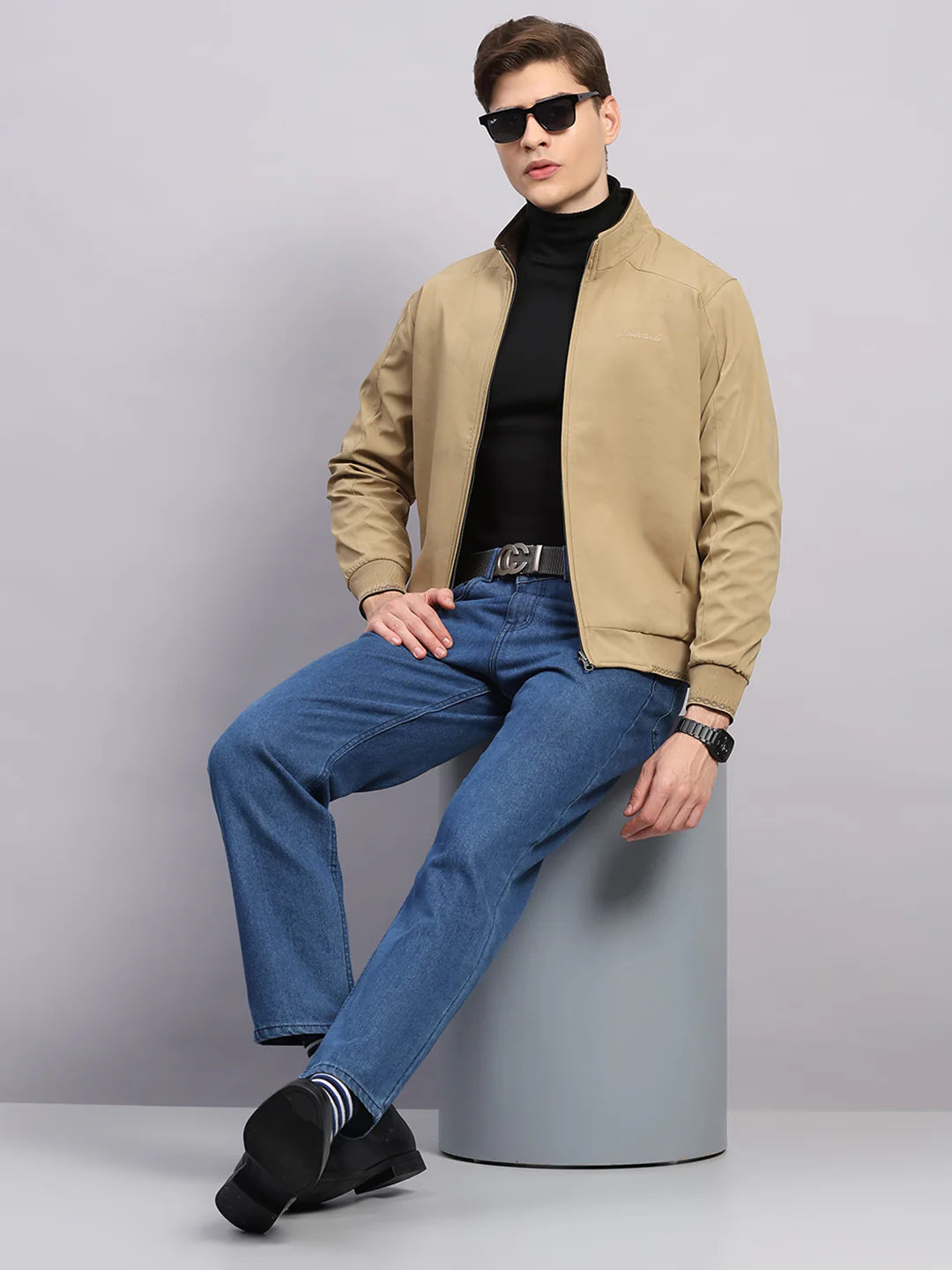 Men Khaki Solid Collar Full Sleeve Jacket - Image 2