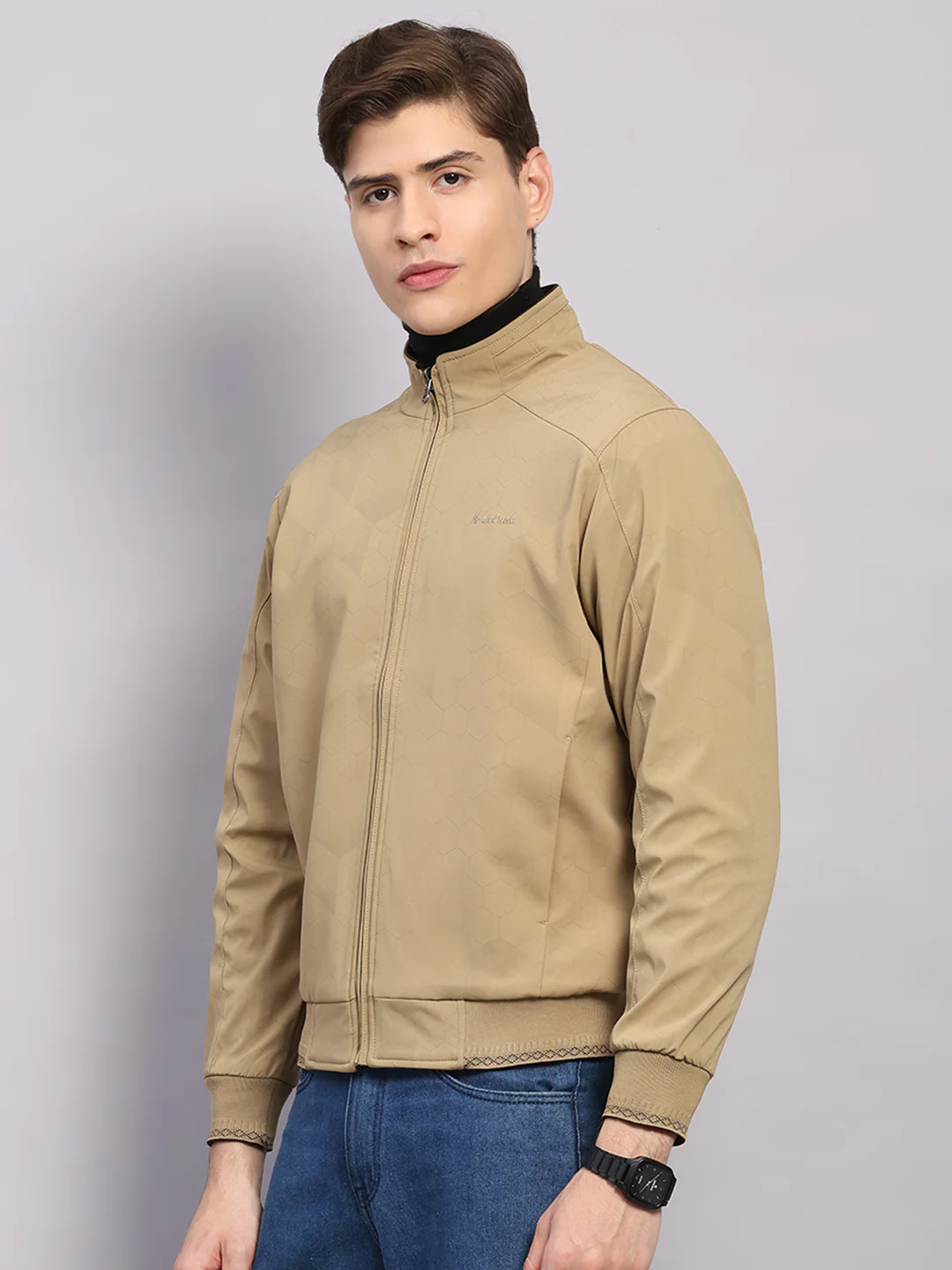 Men Khaki Solid Collar Full Sleeve Jacket - Image 3