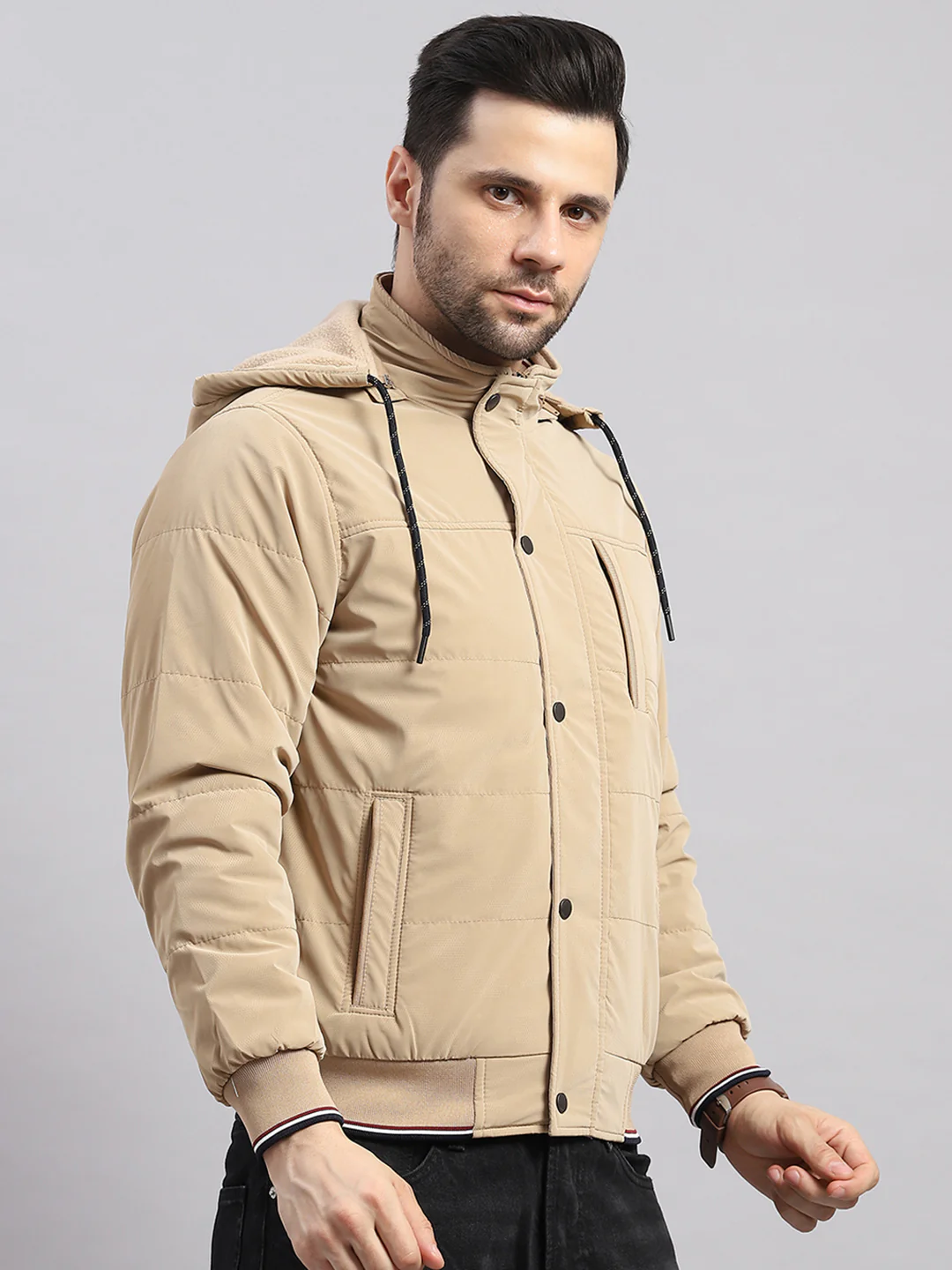 Men Khaki Solid Hooded Full Sleeve Jacket - Image 4