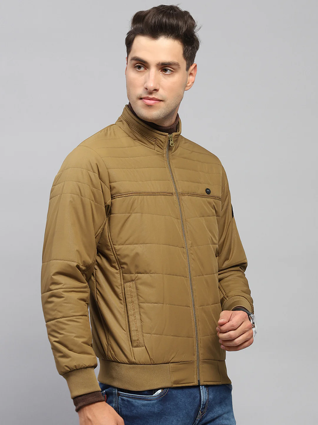 Men Khaki Solid Mock Neck Full Sleeve Jacket - Image 4