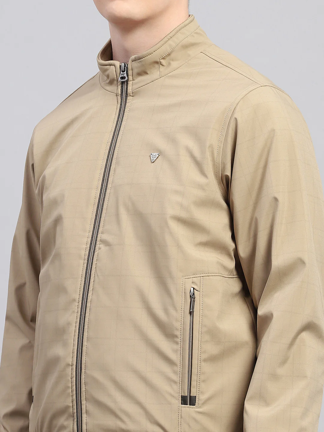 Men Khaki Solid Mock Neck Full Sleeve Jacket - Image 7