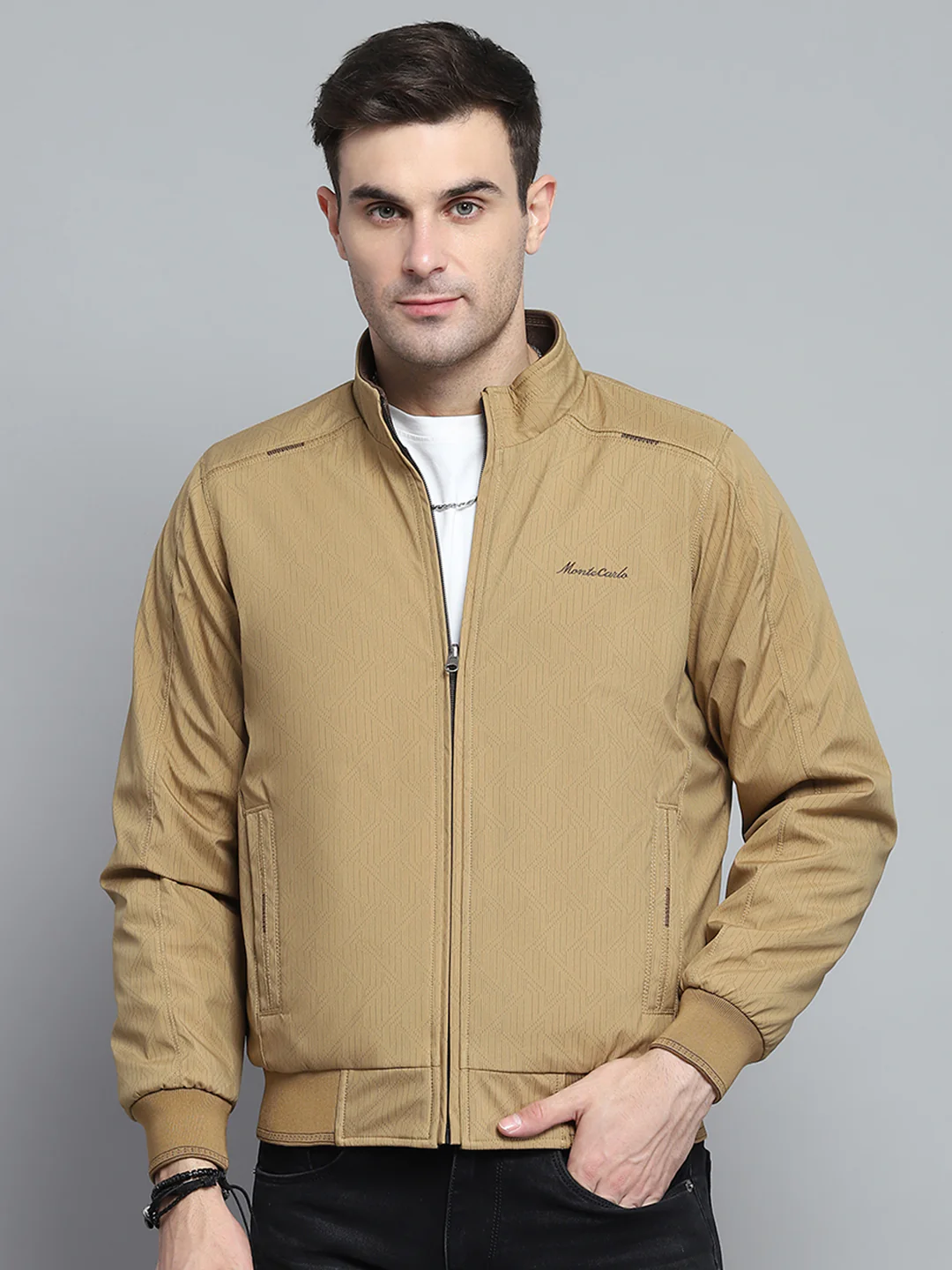 Men Khaki Solid Mock Neck Full Sleeve Jacket - Image 4