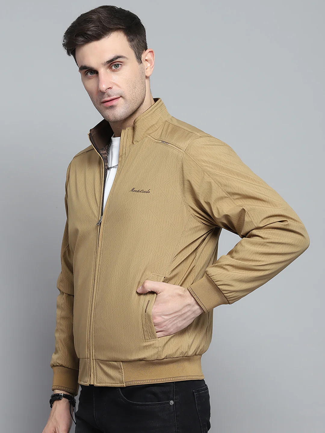 Men Khaki Solid Mock Neck Full Sleeve Jacket - Image 6