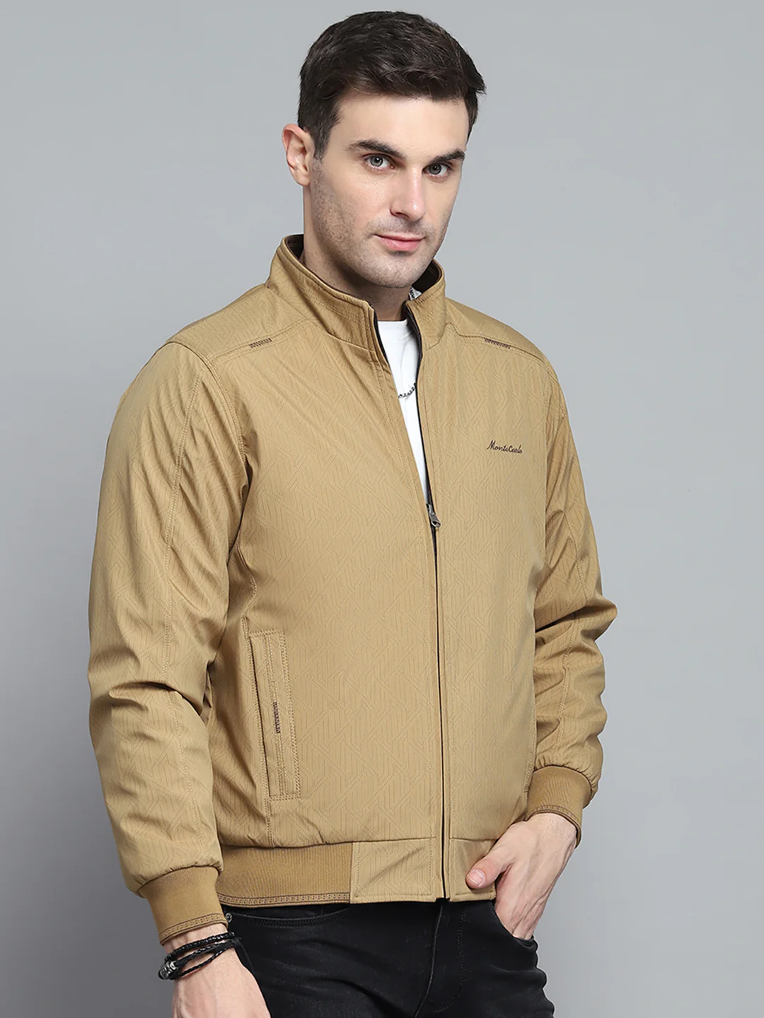 Men Khaki Solid Mock Neck Full Sleeve Jacket - Image 7