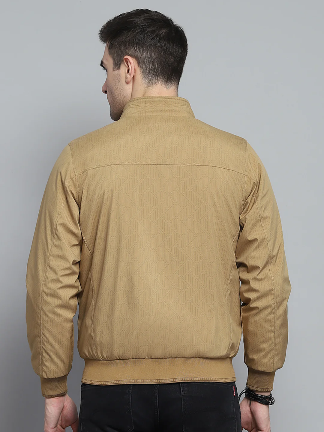 Men Khaki Solid Mock Neck Full Sleeve Jacket - Image 8