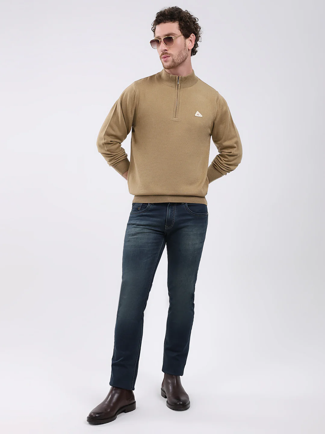 Men Khaki Solid Mock Neck Full Sleeve Pullover - Image 2
