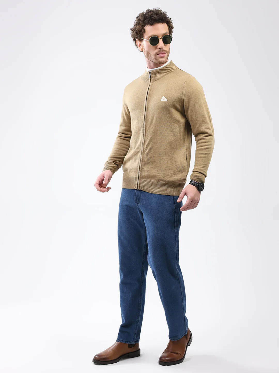Men Khaki Solid Mock Neck Full Sleeve Pullover - Image 2