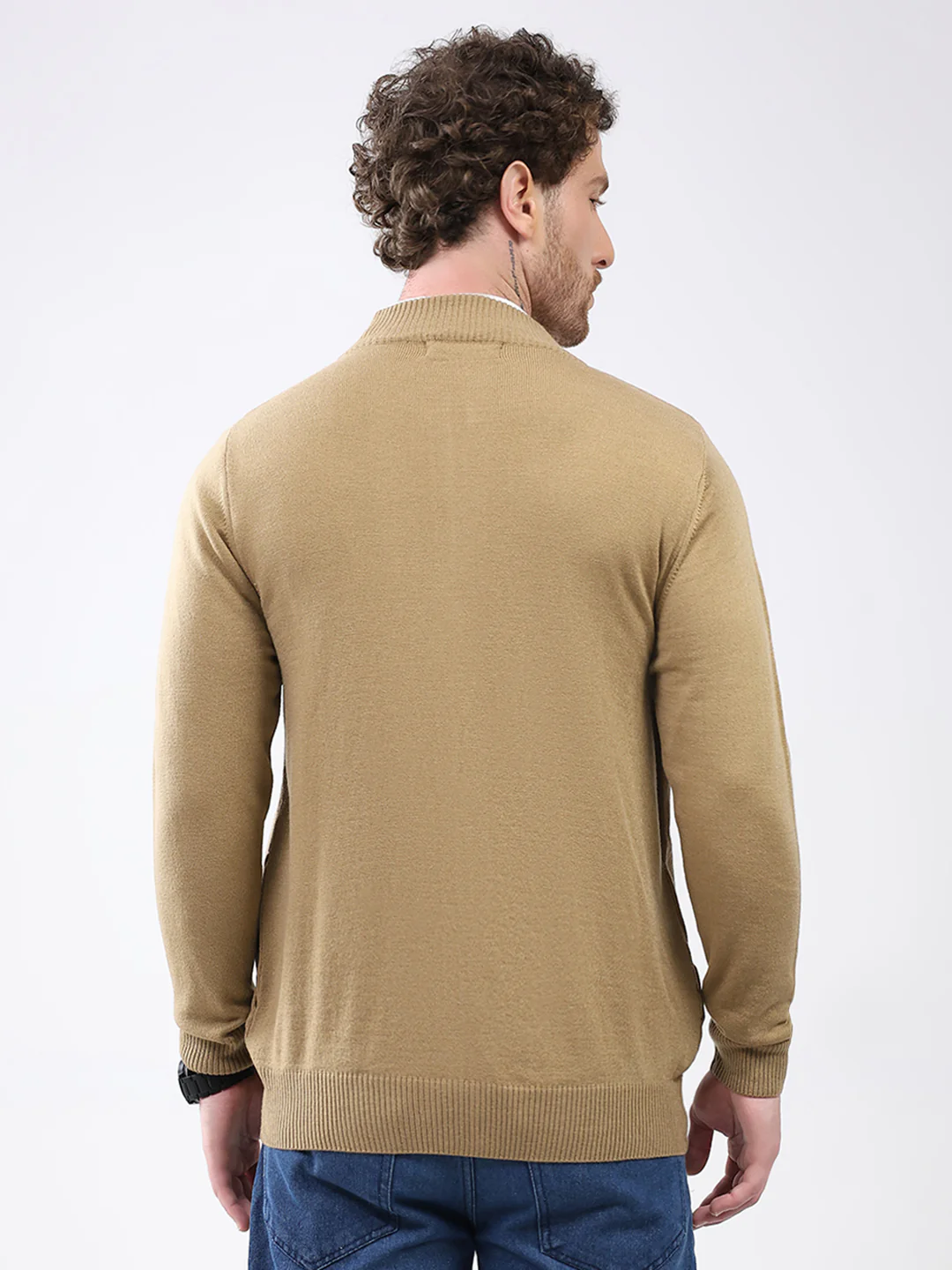 Men Khaki Solid Mock Neck Full Sleeve Pullover - Image 5