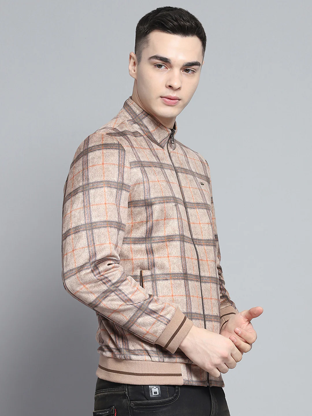 Men Khaki Solid Mock Neck Full Sleeve Reversible Jacket - Image 4
