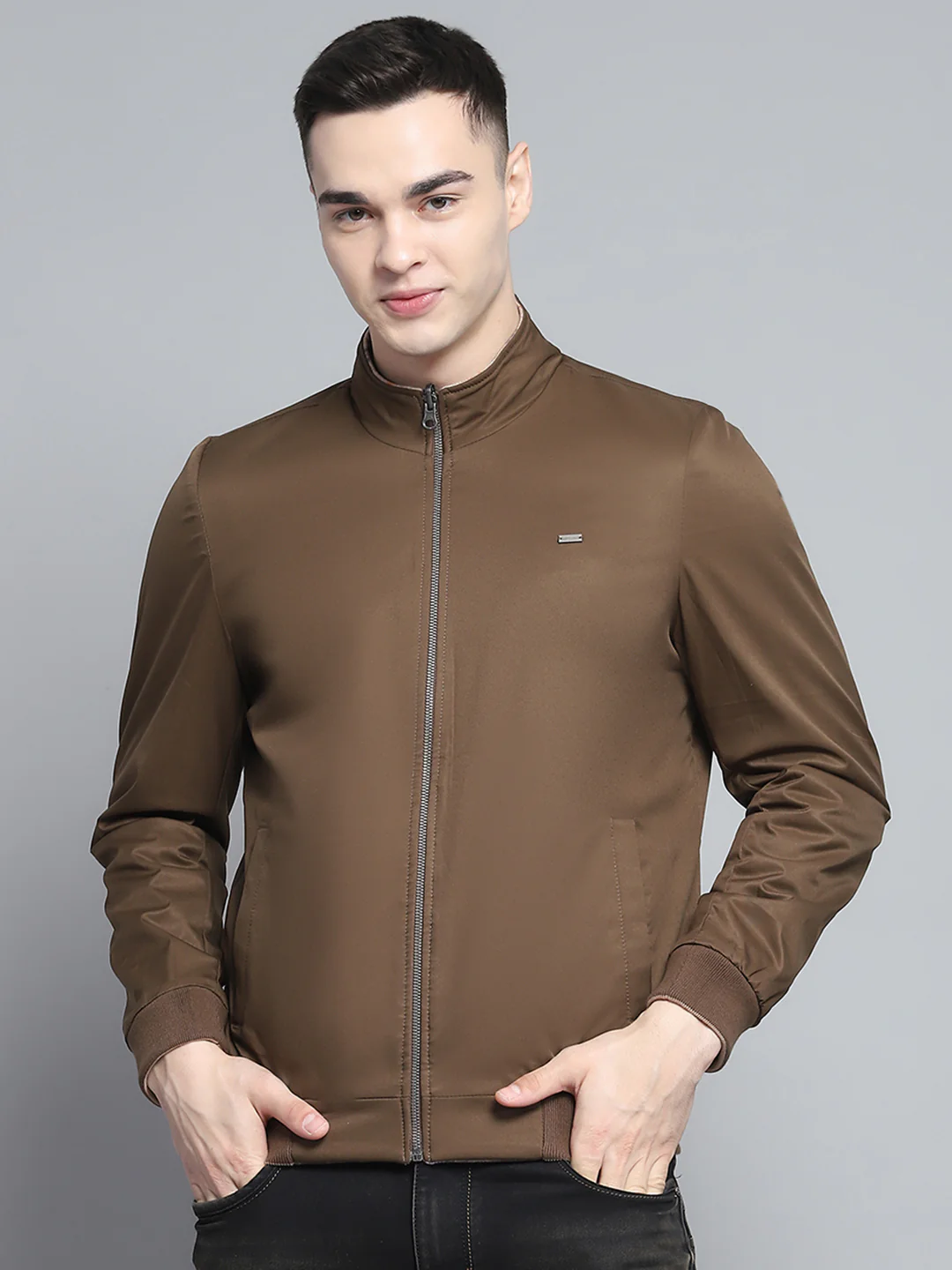 Men Khaki Solid Mock Neck Full Sleeve Reversible Jacket - Image 7