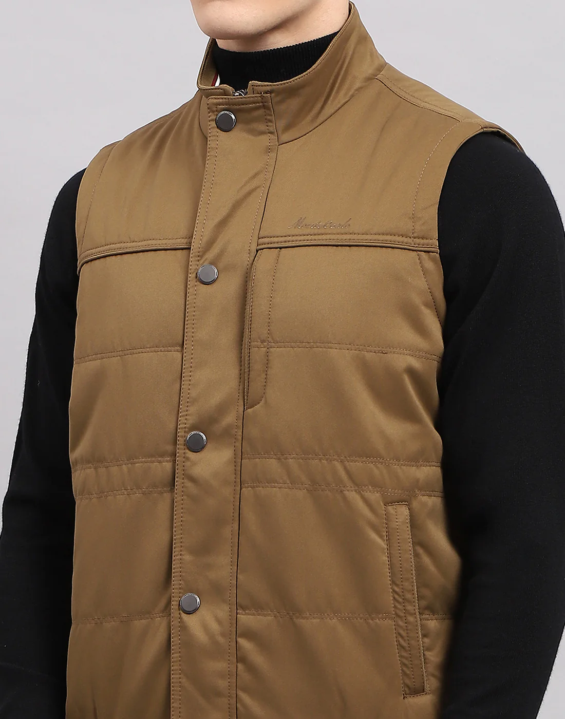 Men Khaki Solid Mock Neck Sleeveless Jacket - Image 7