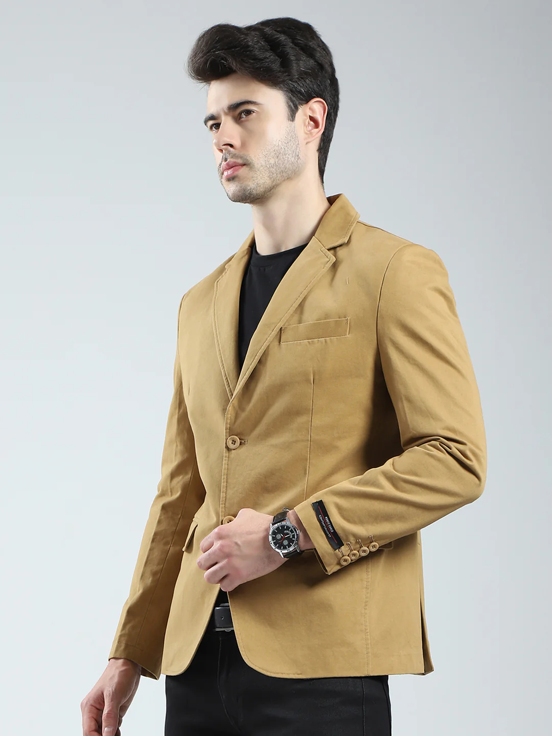 Men Khaki Solid Notch Lapel Collar Full Sleeve Blazer - Image 3