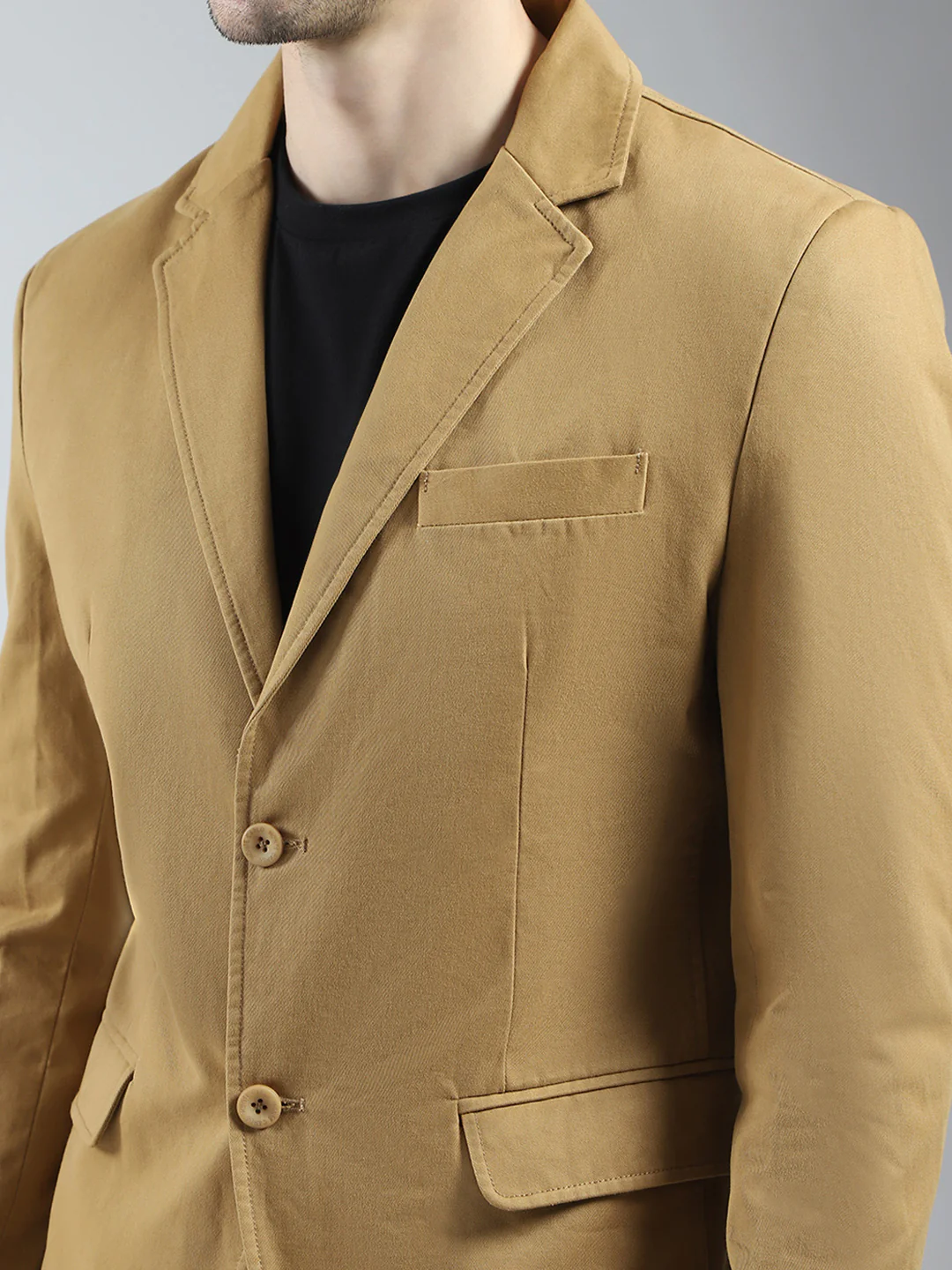 Men Khaki Solid Notch Lapel Collar Full Sleeve Blazer - Image 7