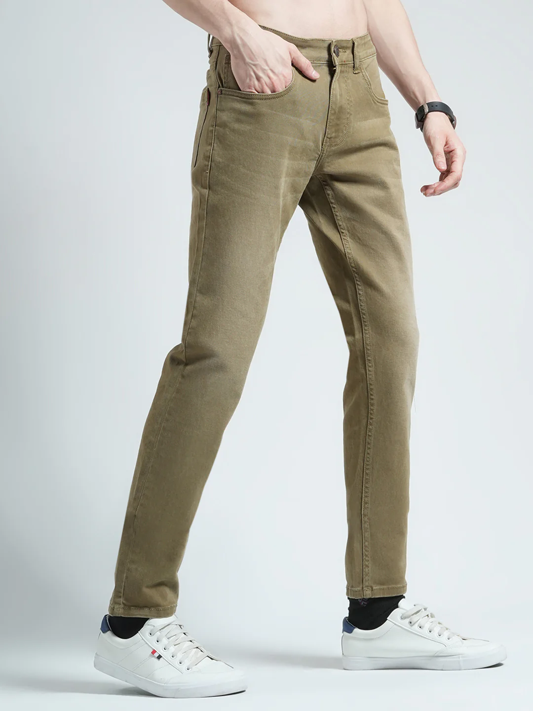 Men Khaki Solid Skinny Fit Denim - Image 4