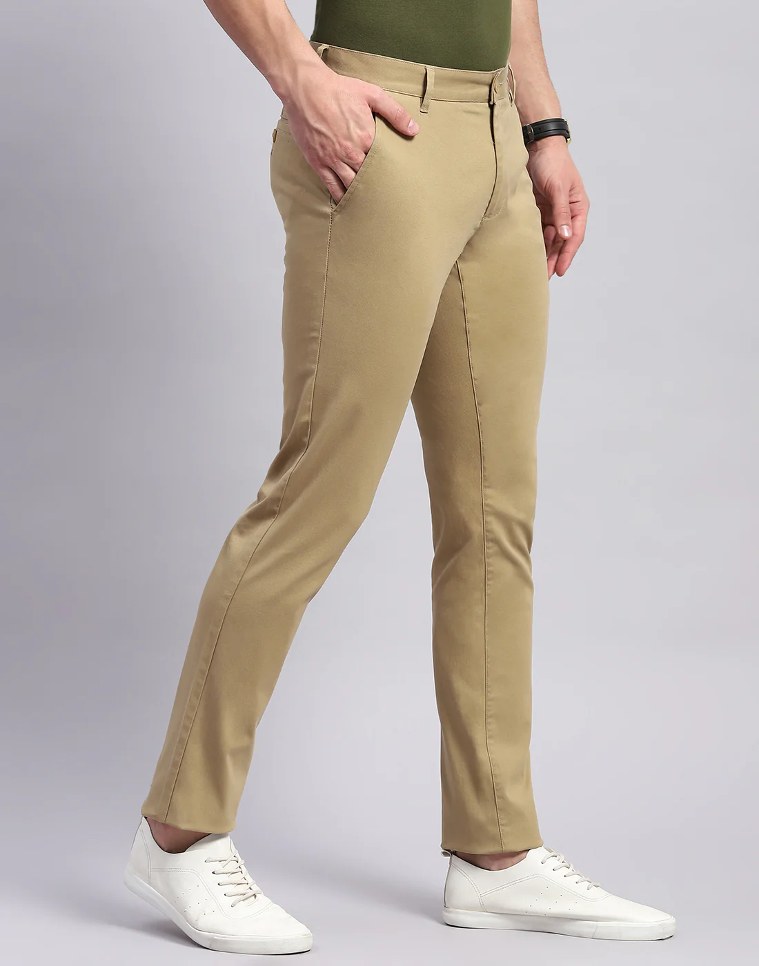 Men Khaki Solid Regular Fit Trouser - Image 4