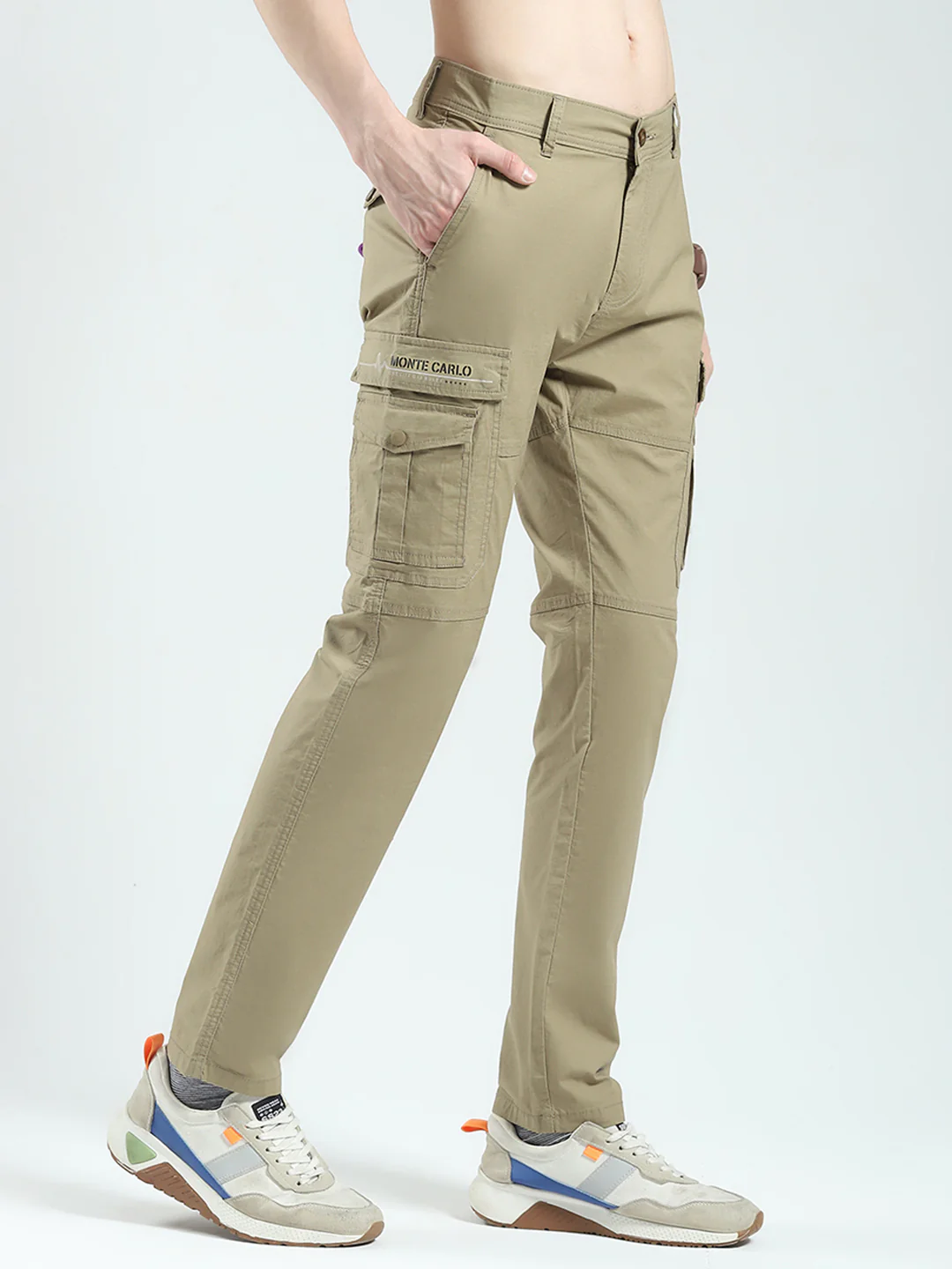 Men Khaki Solid Slim Fit Cargo - Image 4