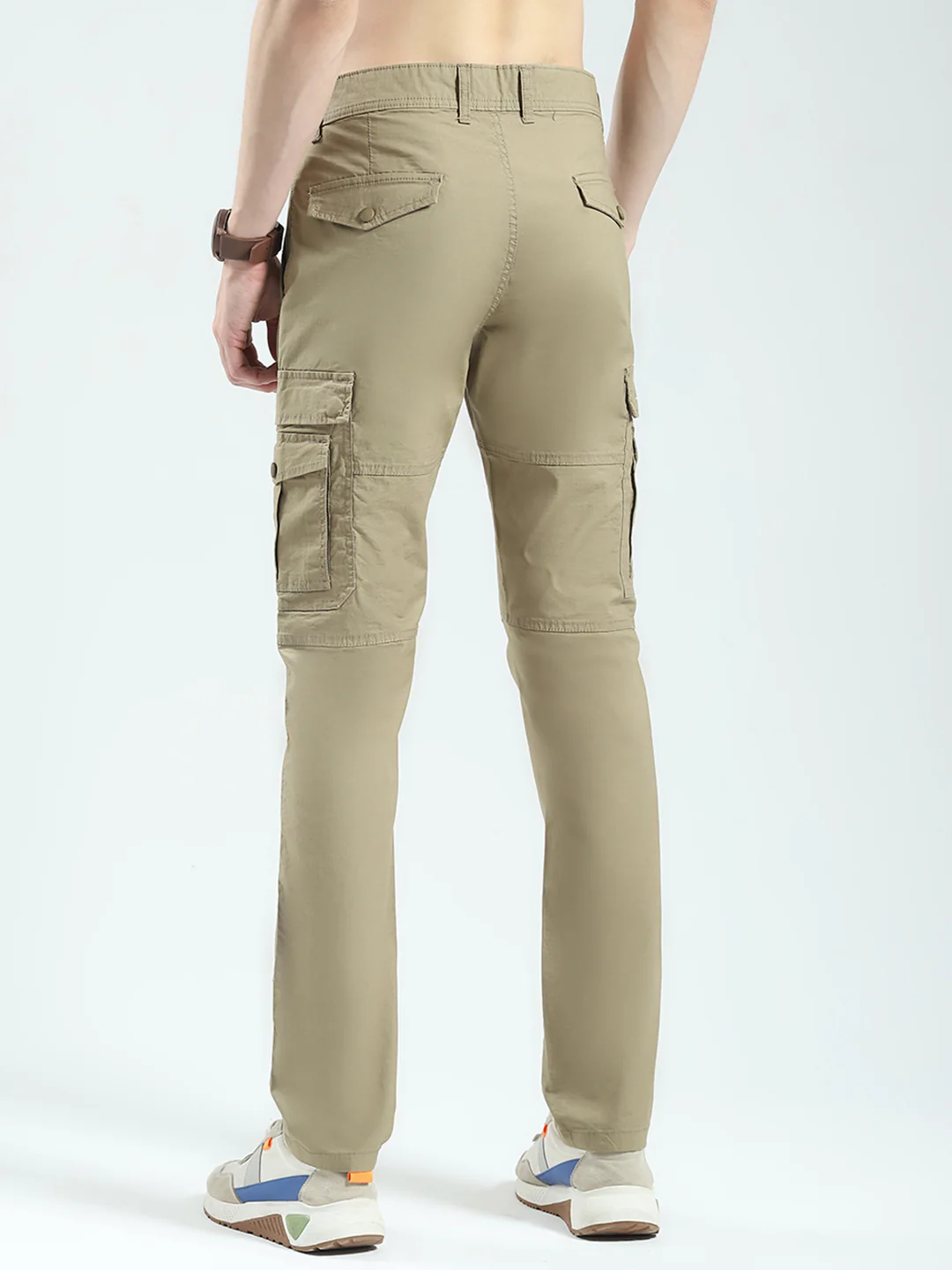 Men Khaki Solid Slim Fit Cargo - Image 5