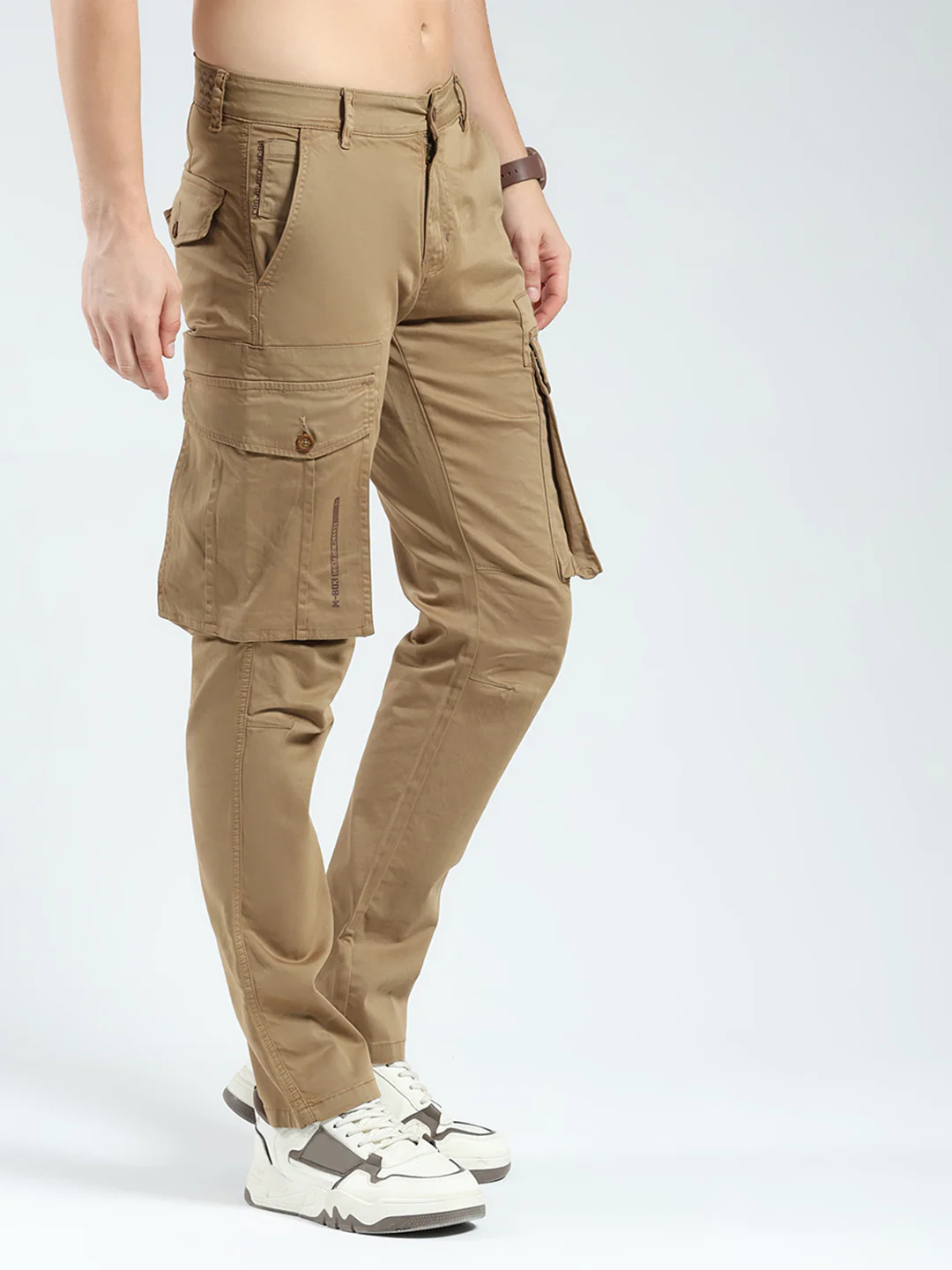 Men Khaki Solid Slim Fit Cargo - Image 4