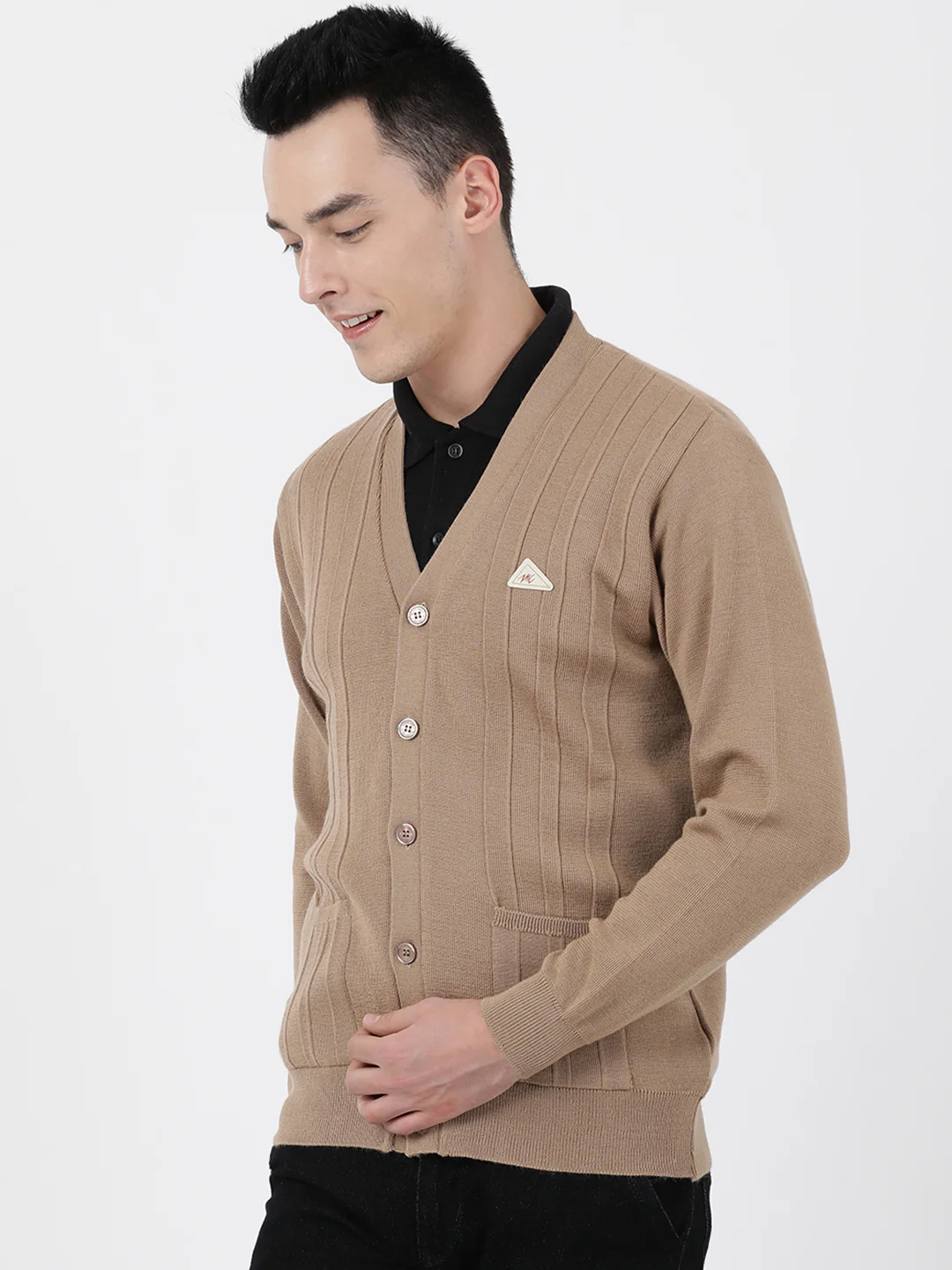 Men Khaki Solid V Neck Full Sleeve Cardigan - Image 3