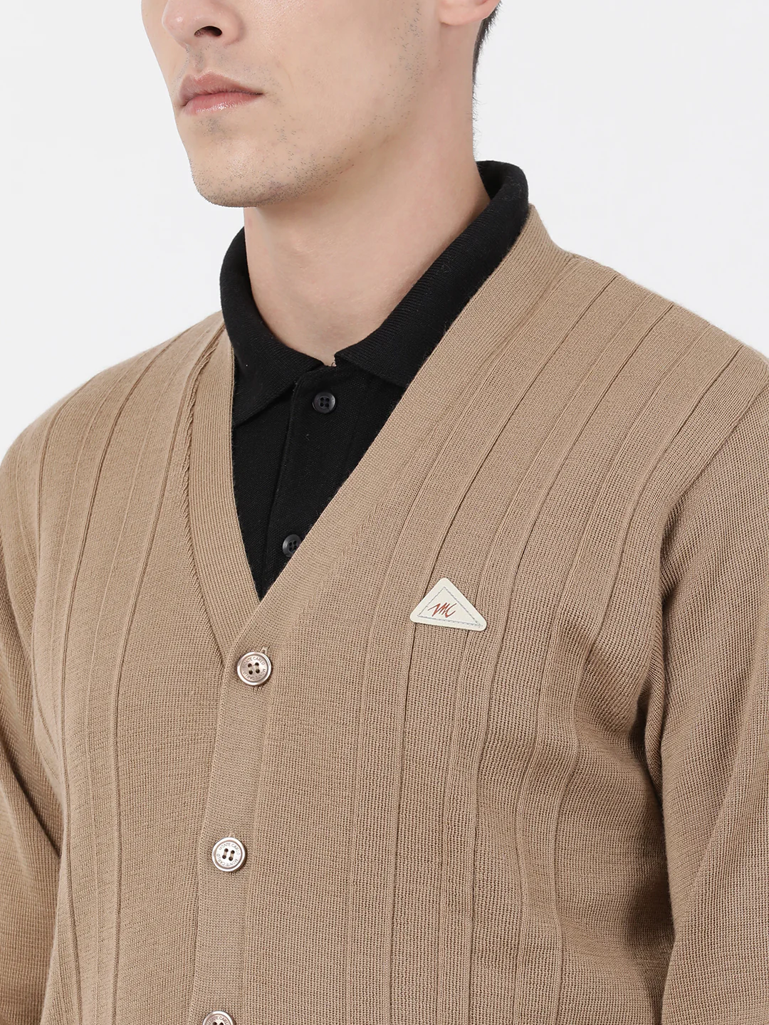 Men Khaki Solid V Neck Full Sleeve Cardigan - Image 5