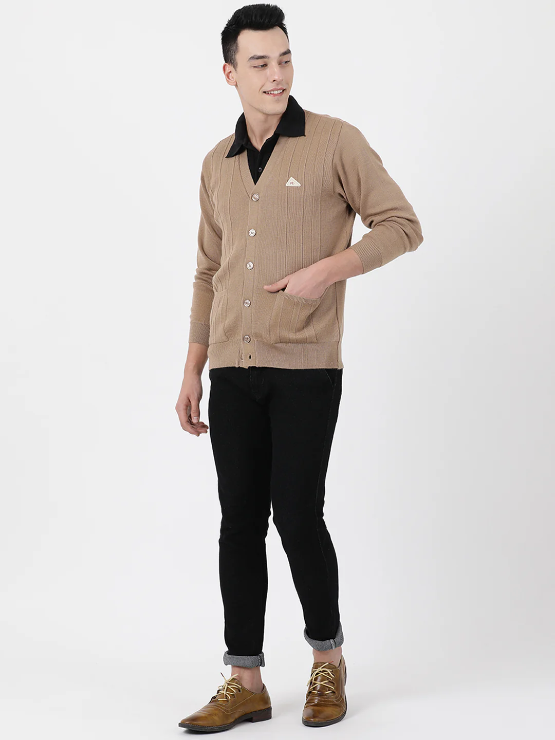 Men Khaki Solid V Neck Full Sleeve Cardigan - Image 7