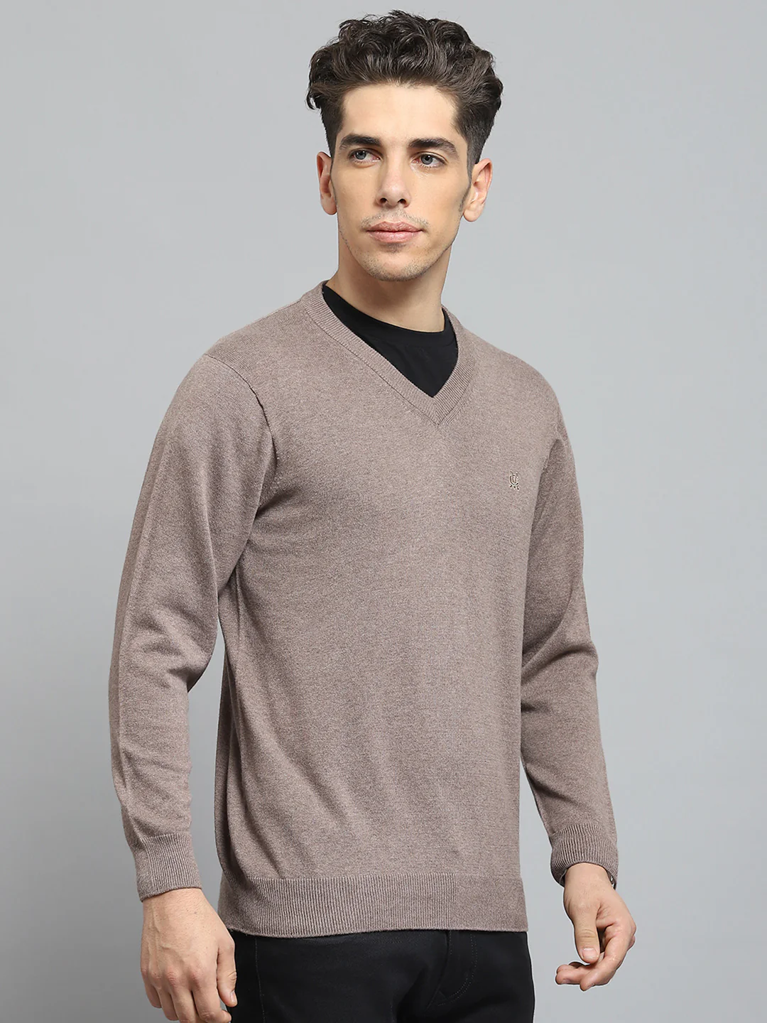 Men Khaki Solid V Neck Full Sleeve Pullover - Image 4