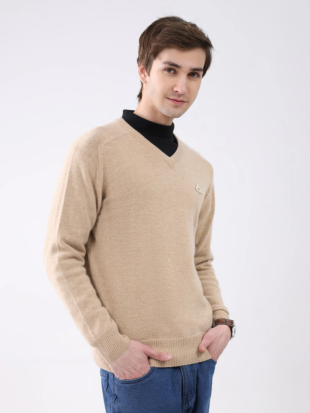 Men Khaki Solid V Neck Full Sleeve Pullover - Image 4