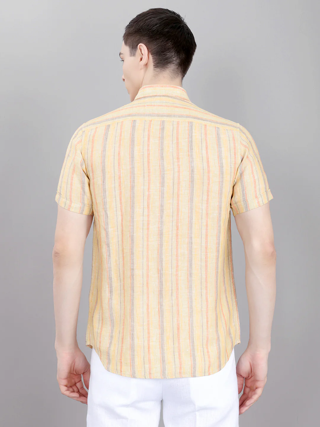 Men Khaki Stripe Collar Half Sleeve Shirt - Image 4