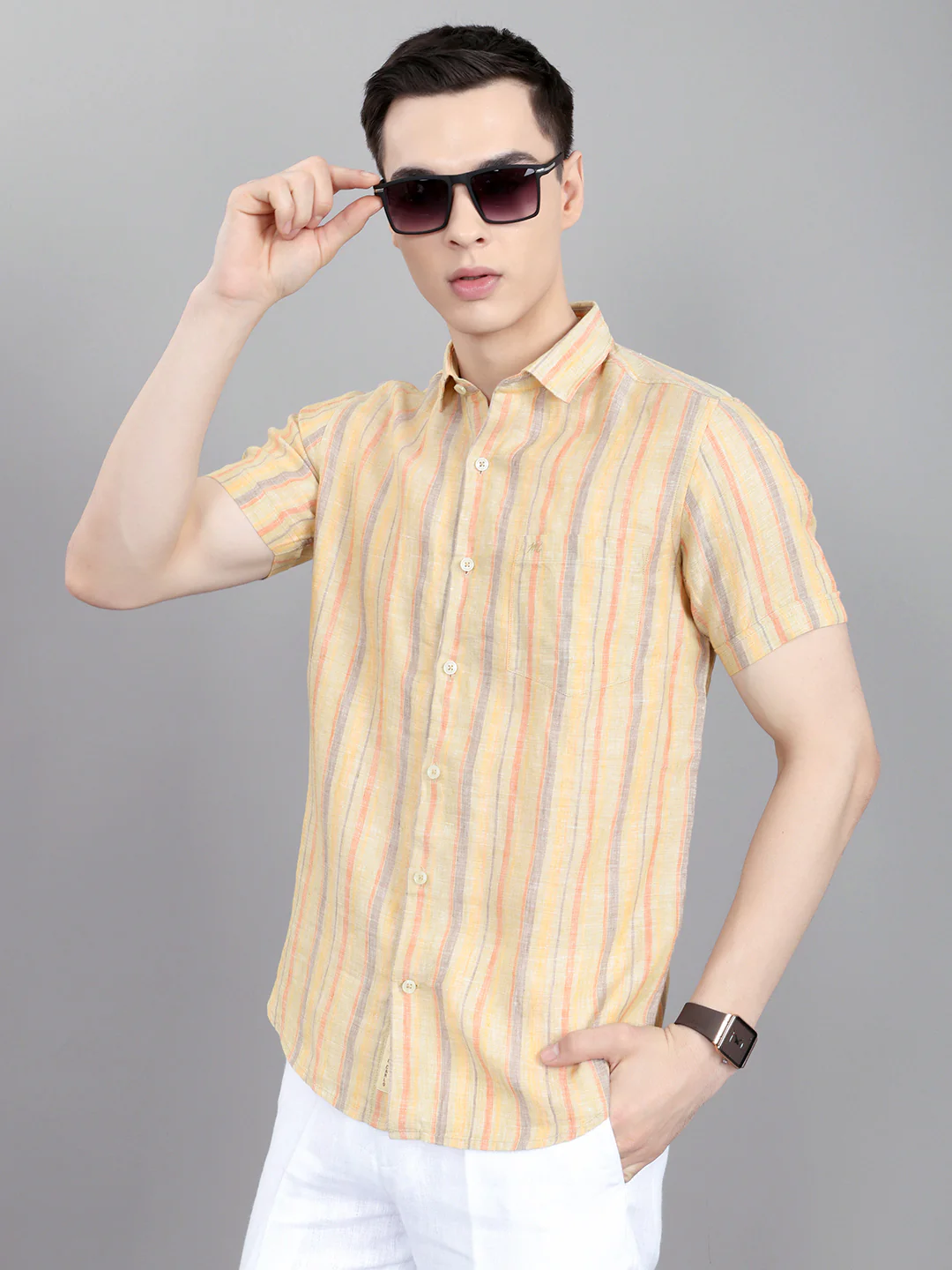 Men Khaki Stripe Collar Half Sleeve Shirt - Image 6