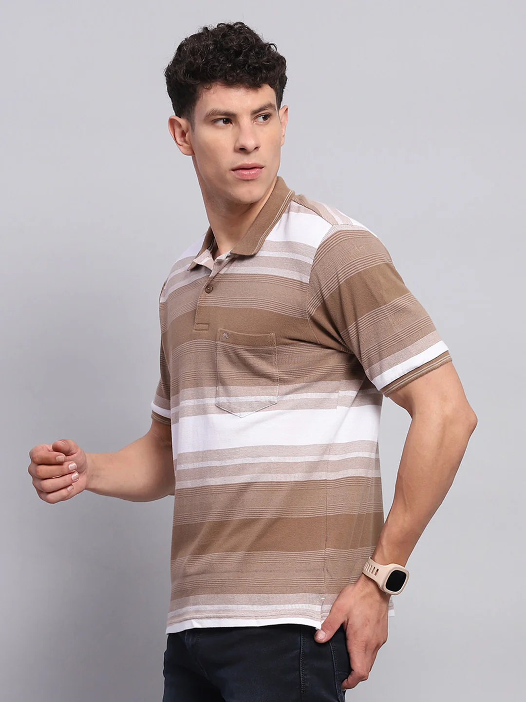 Men Khaki Stripe Collar Half Sleeve T-Shirt - Image 3