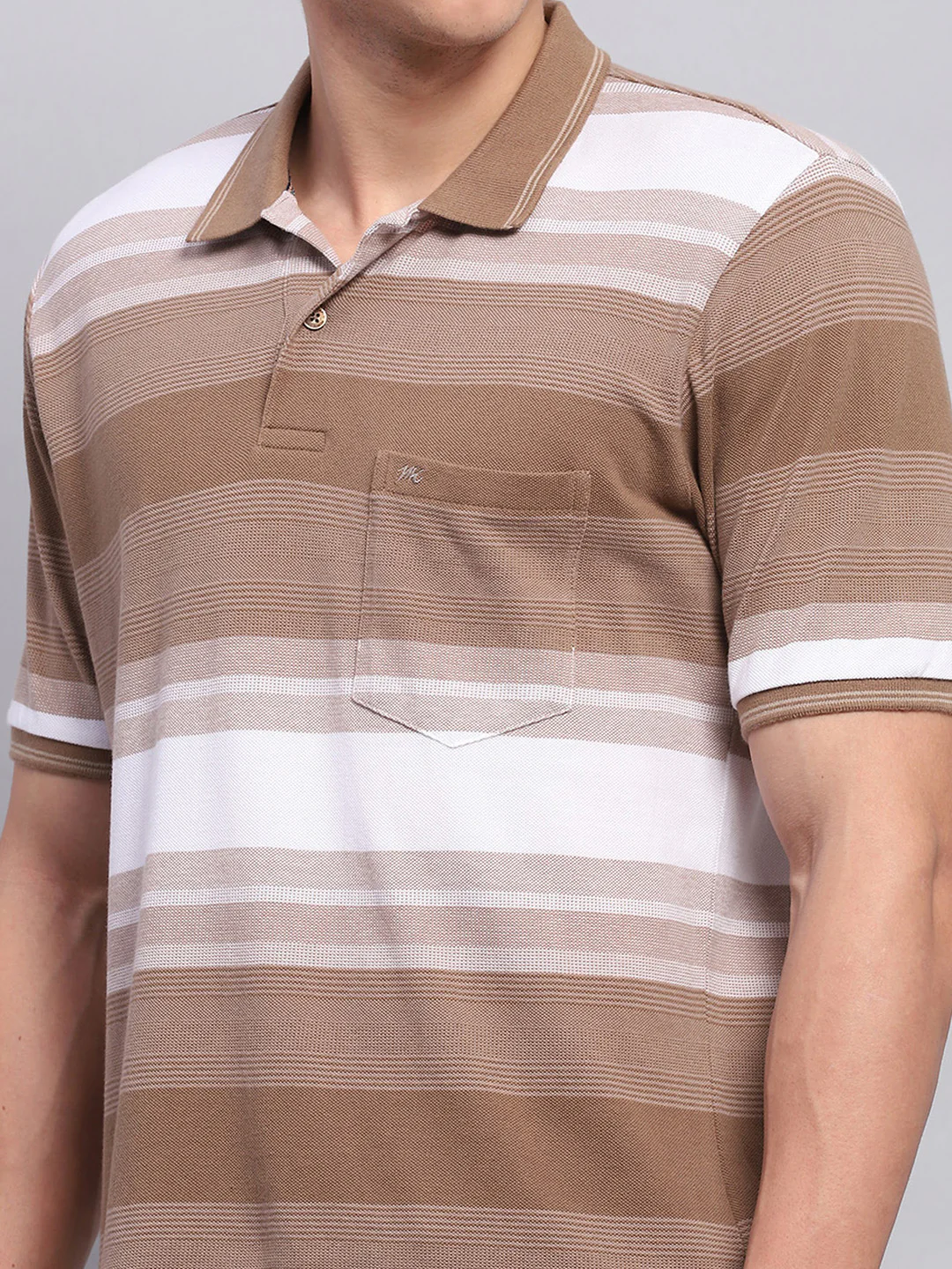 Men Khaki Stripe Collar Half Sleeve T-Shirt - Image 6