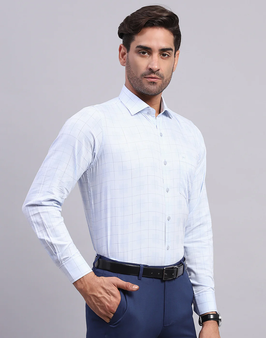 Men Light Blue Check Collar Full Sleeve Shirt - Image 4