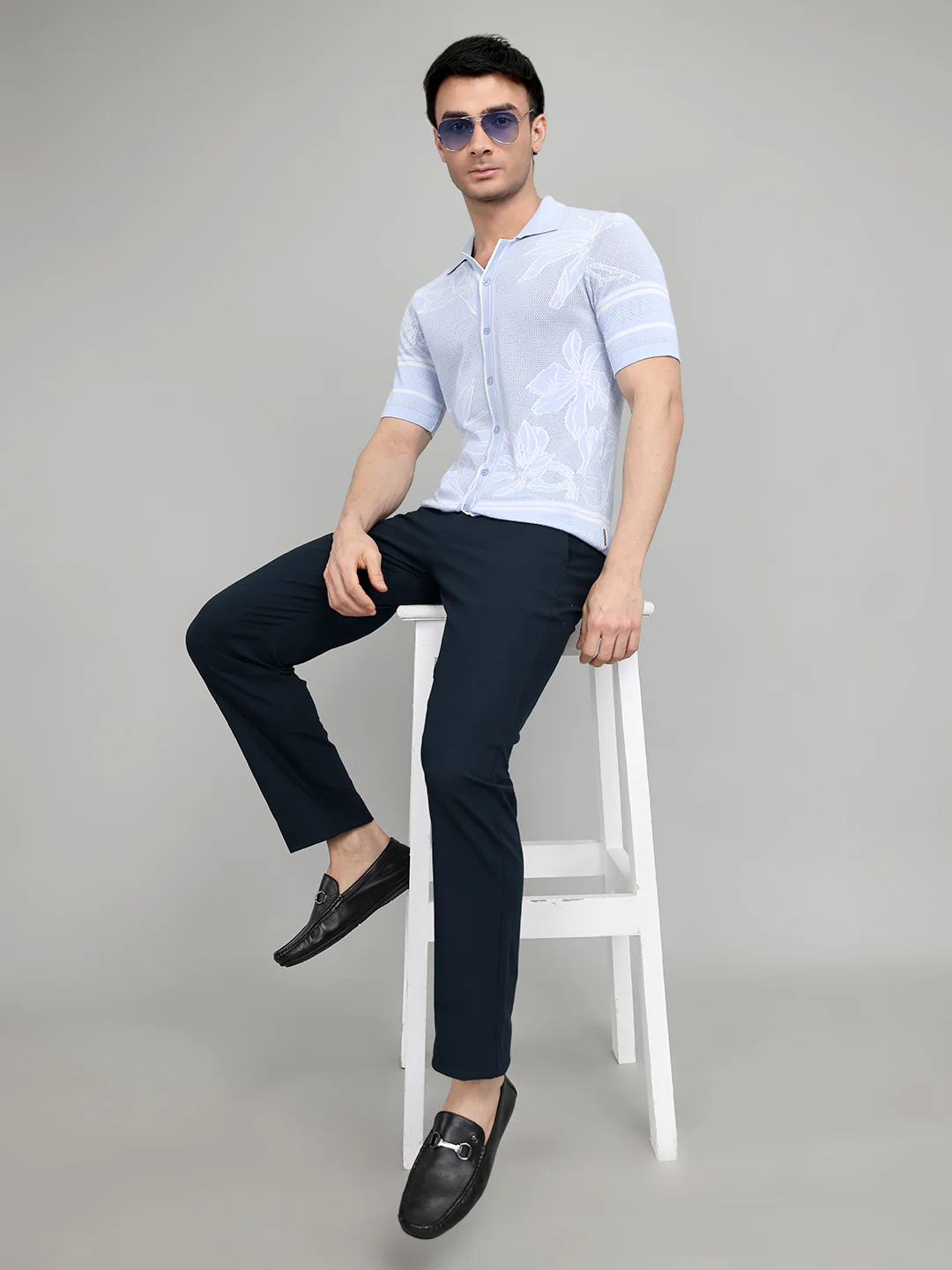 Men Light Blue Designer Collar Half Sleeve Knitted Shirt - Image 2