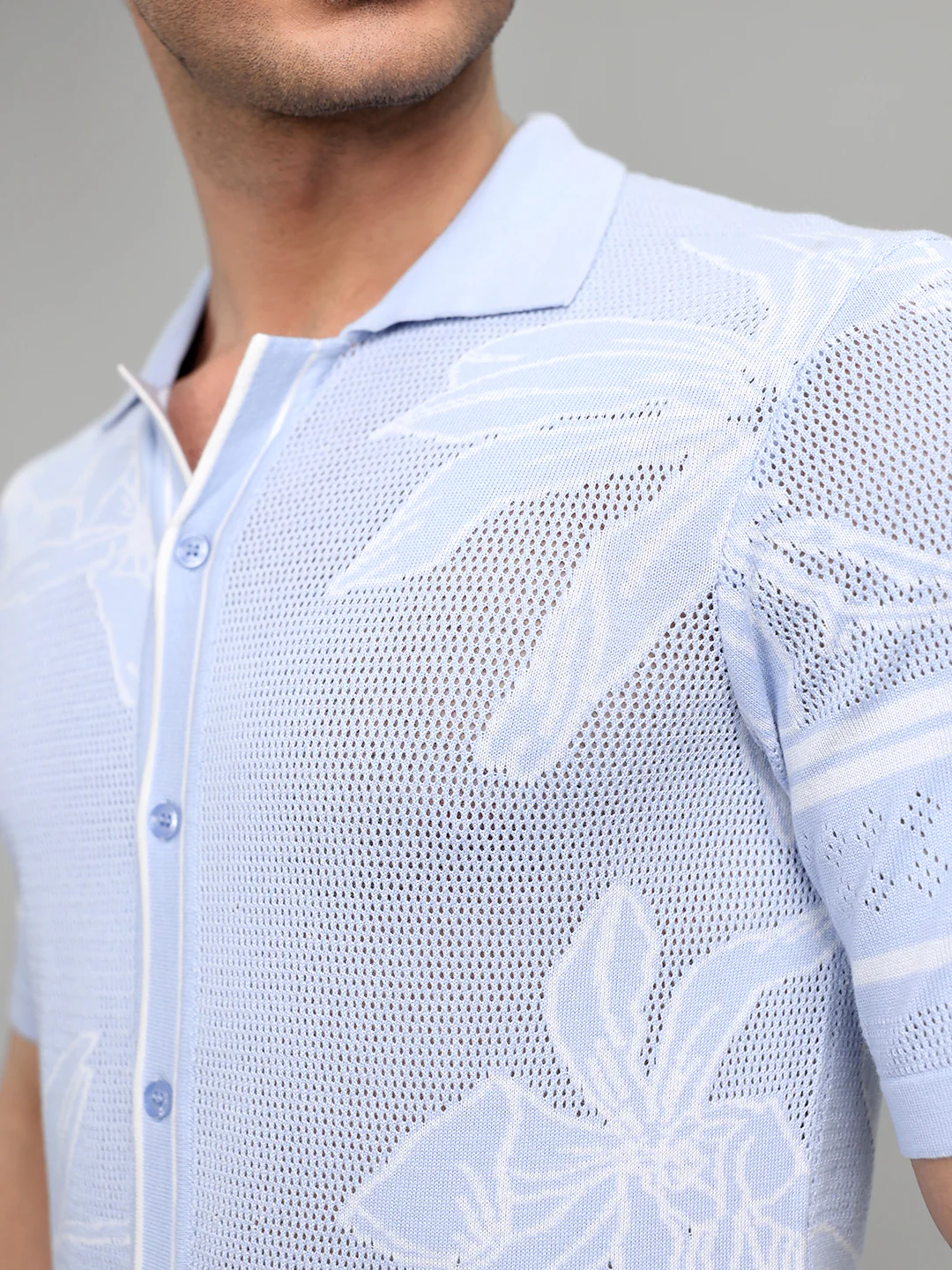 Men Light Blue Designer Collar Half Sleeve Knitted Shirt - Image 6