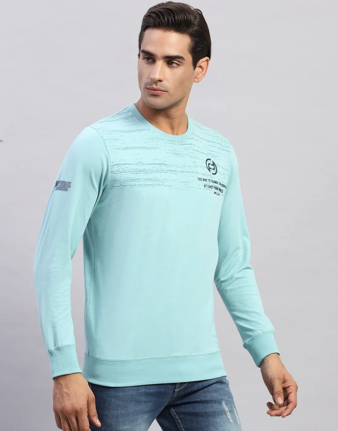 Men Light Blue Printed Round Neck Full Sleeve Winter T-Shirt - Image 4