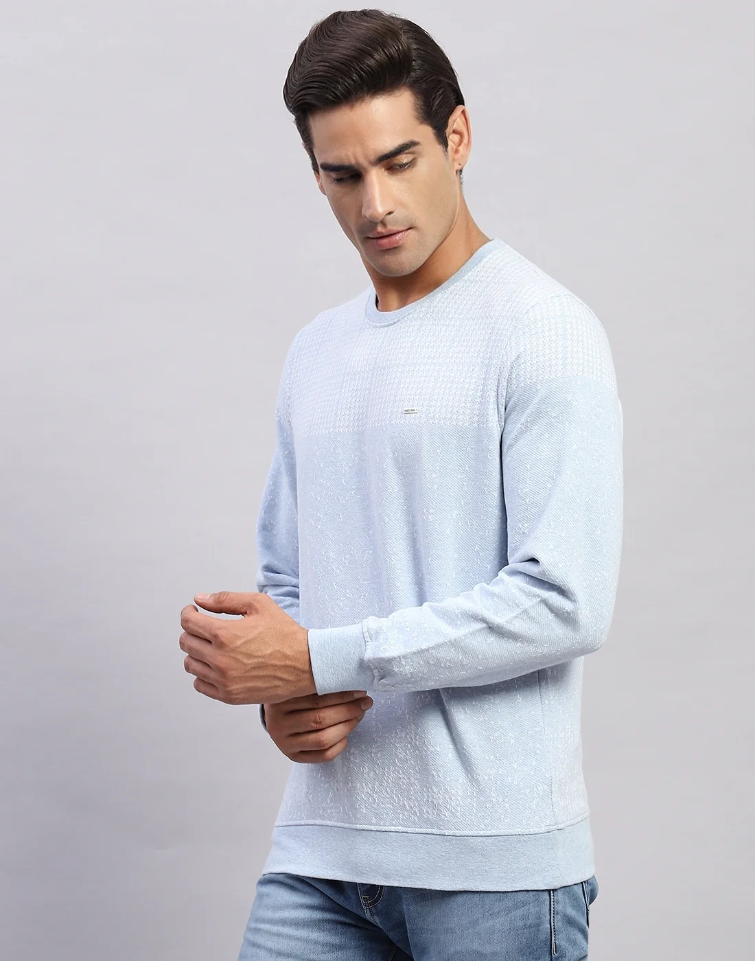 Men Light Blue Printed Round Neck Full Sleeve Winter T-Shirt - Image 3