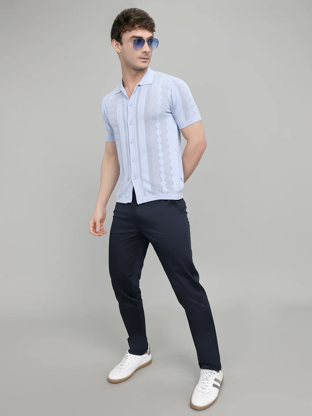 Men Light Blue Self Design Collar Half Sleeve Shirt - Image 6